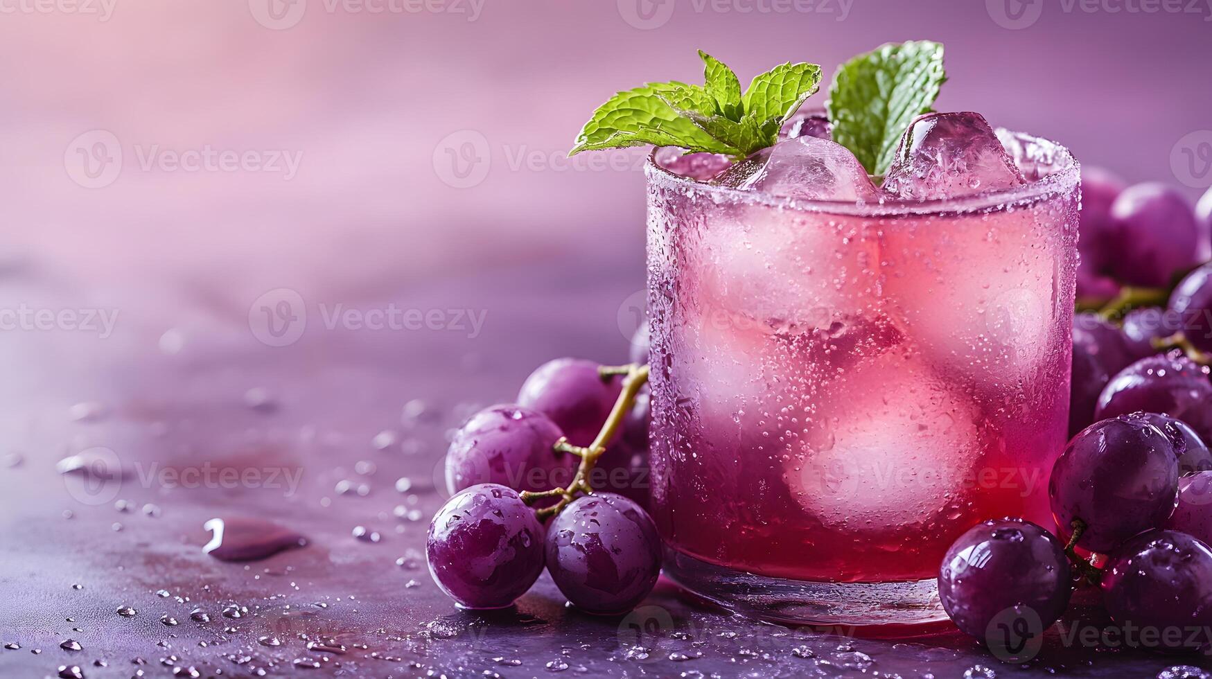 Refreshing purple cocktail garnished with mint and grapes sparkles in crystalline glass, capturing dewdrops effect against soft lavender backdrop, presented with key lighting photo