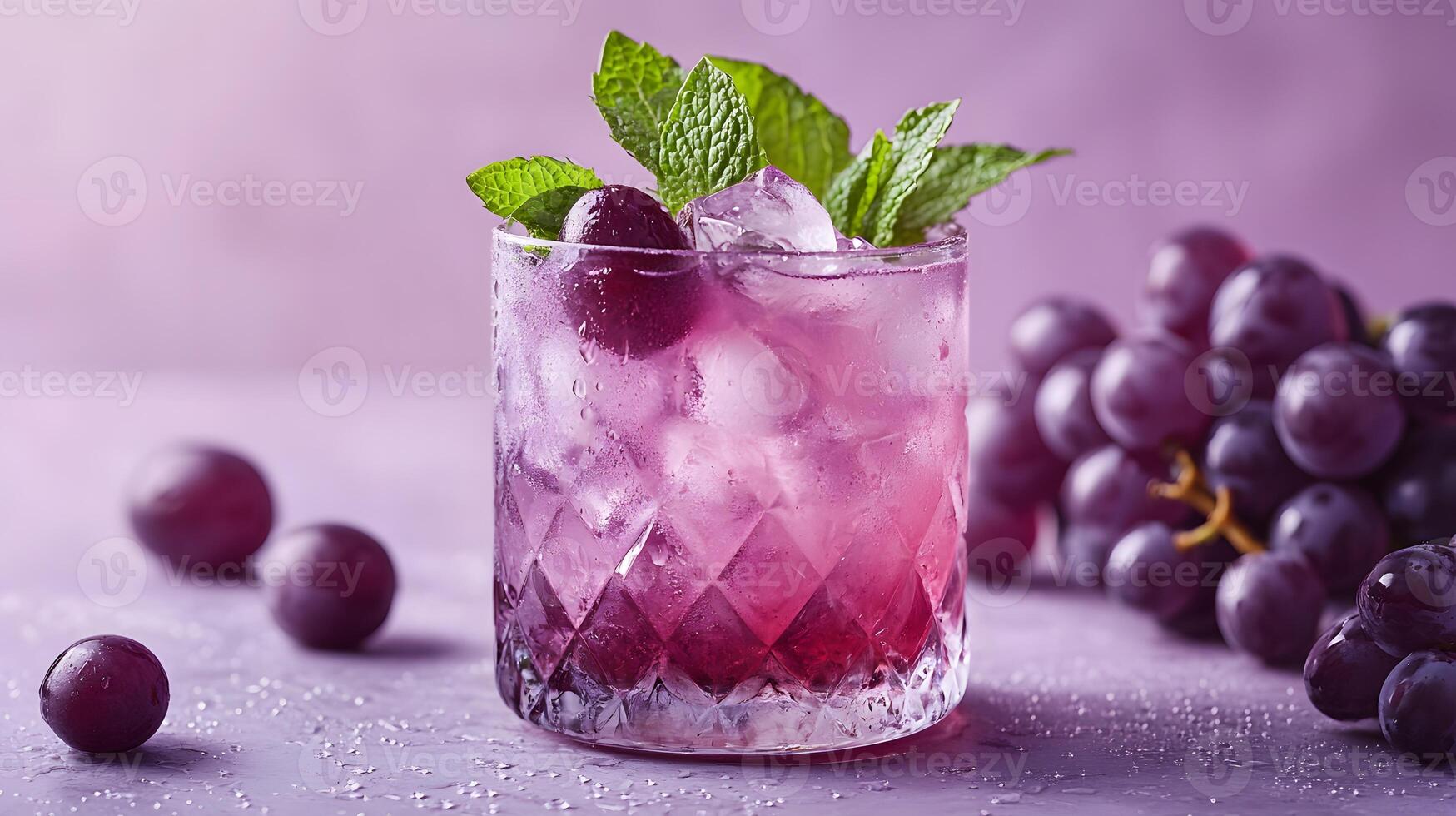 Refreshing purple cocktail garnished with mint and grapes sparkles in crystalline glass, capturing dewdrops effect against soft lavender backdrop, presented with high-key lighting an luxury styling photo