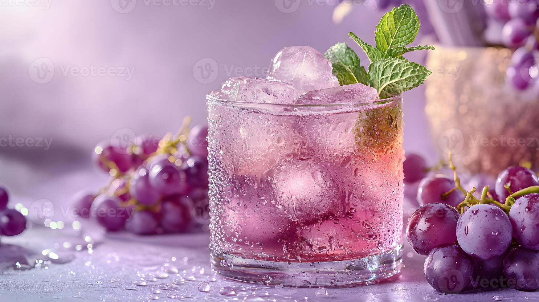 Refreshing purple cocktail garnished with mint grapes sparkles in crystalline glass, capturing dewdrops effect against soft lavender backdrop, presented with high-key lighting and luxury styling photo