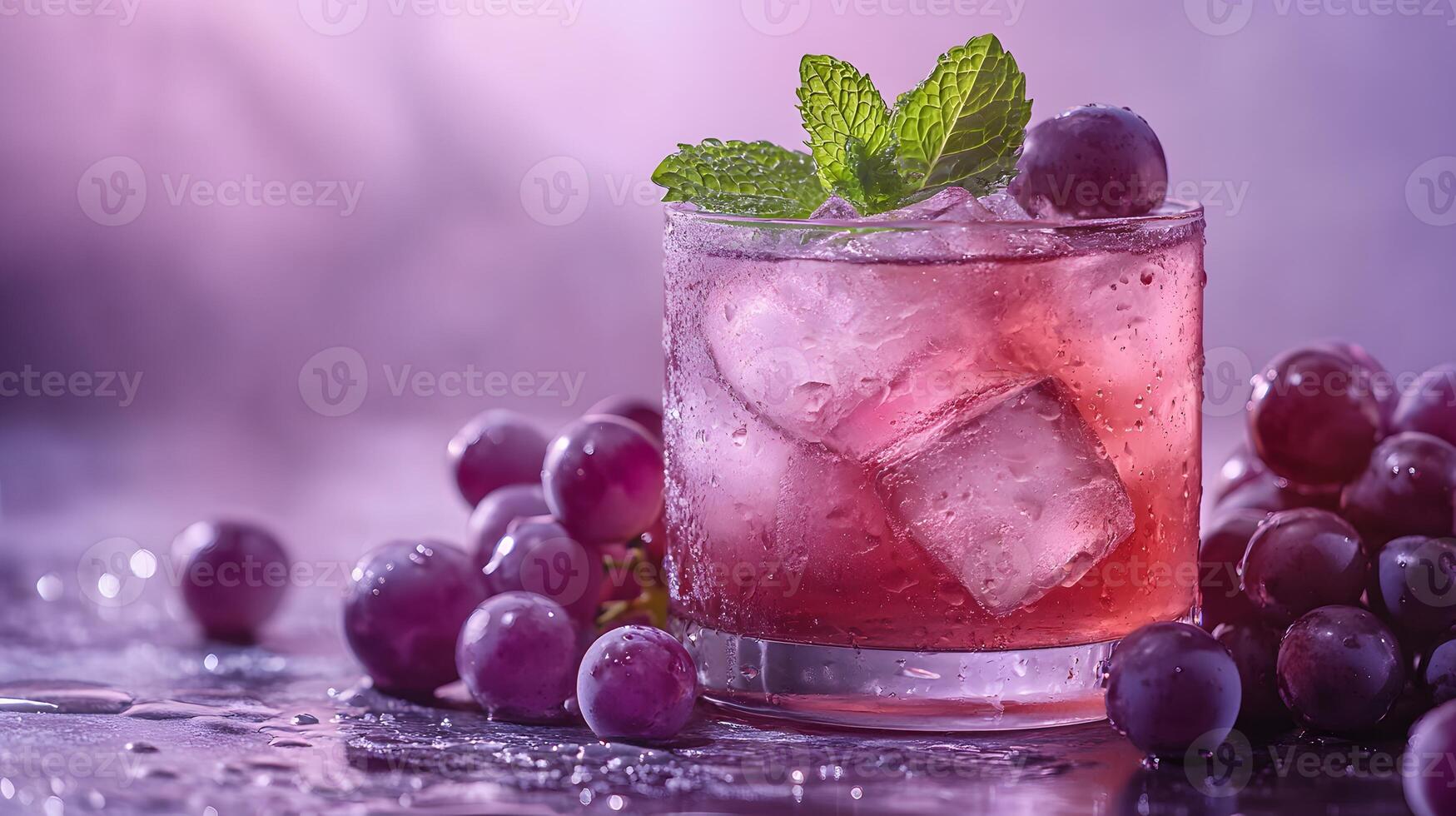 Refreshing purple cocktail garnished with mint and grapes sparkles in crystalline glass, capturing dewdrops effect against soft lavender backdrop, presented with high-key lighting d luxury styling photo