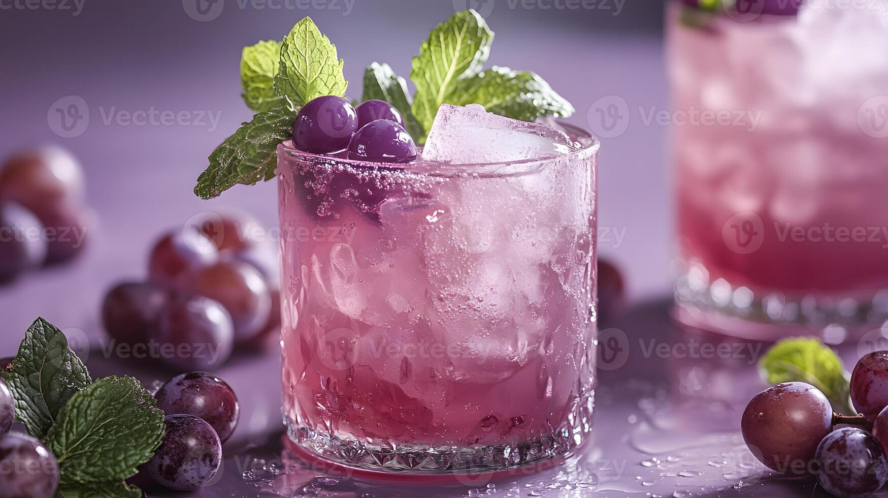 Refreshing purple cocktail garnished with mint and grapes sparkles in crystalline glass, capturing dewdrops effect against soft lavender backdrop, presented with high-key lighting and luxury syling photo