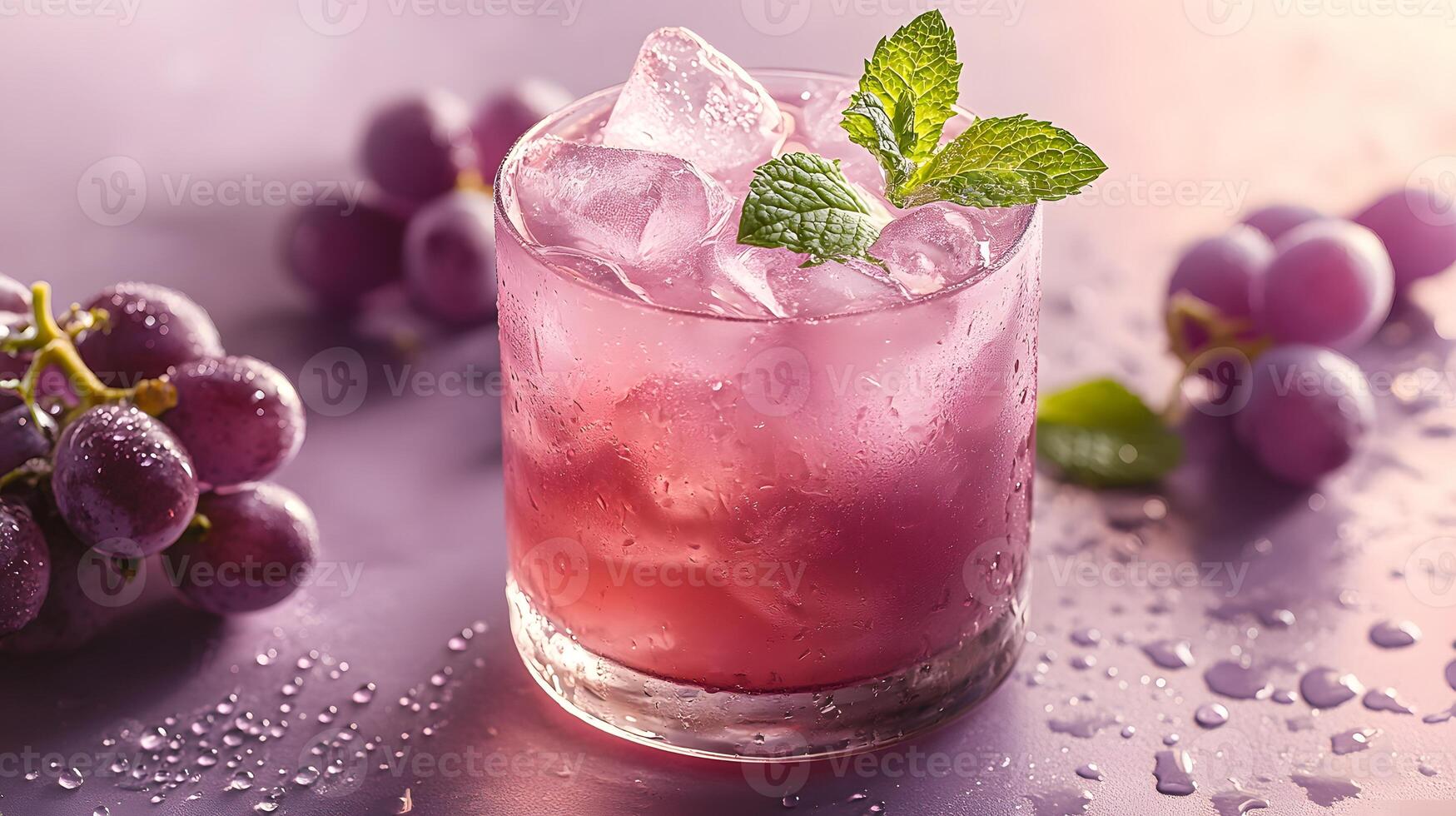 Refreshing purple cocktail garnished with mint and grapes sparkles in crystalline glass, capturing dewdrops effect against soft lavender backdrop, presented with highkey lighting and luxury styling photo
