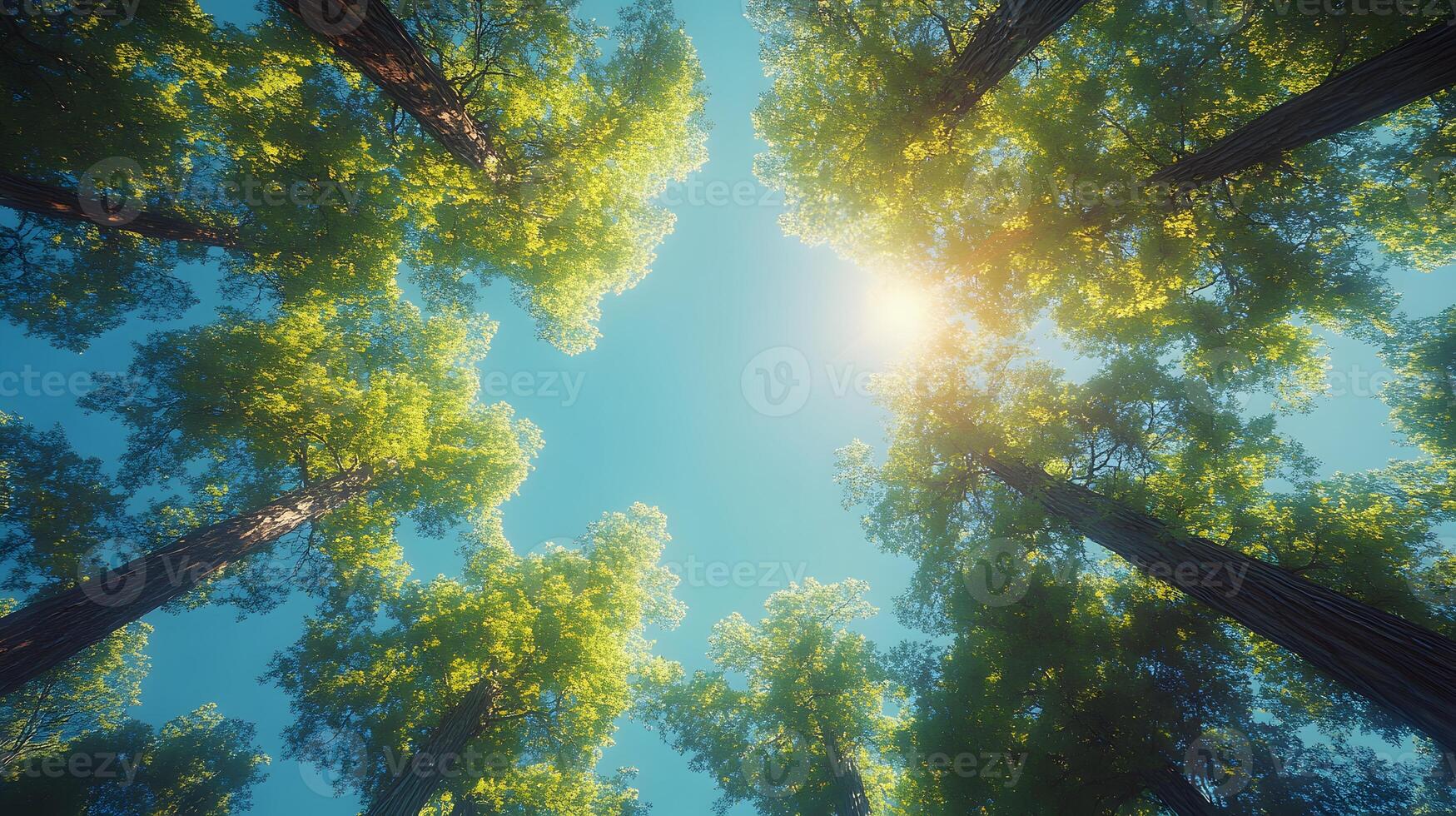 Majestic redwood trees converge upward against crystal blue sky, with bright sunlight piercing through dense green canopy, captured in wide-angle perspective showing forest crown view. rays photo