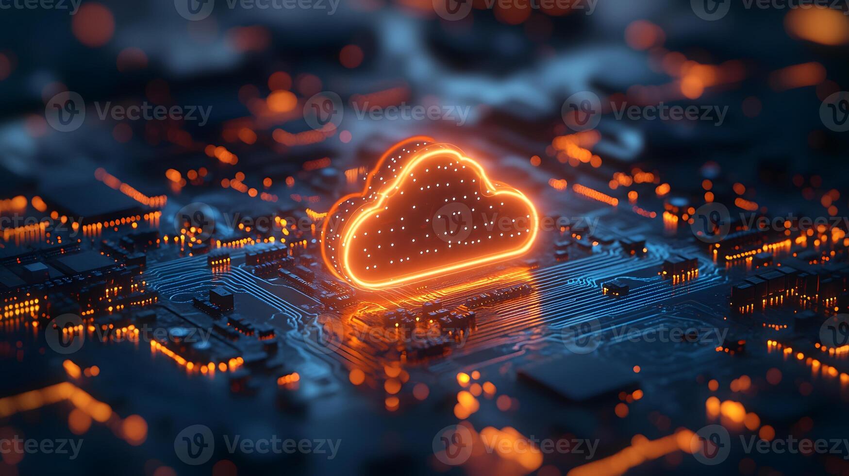 Macro shot of computer processor with glowing blue circuit paths and orange neon cloud icon, representing digital technology and binary data flow in moody lighting. glowing photo