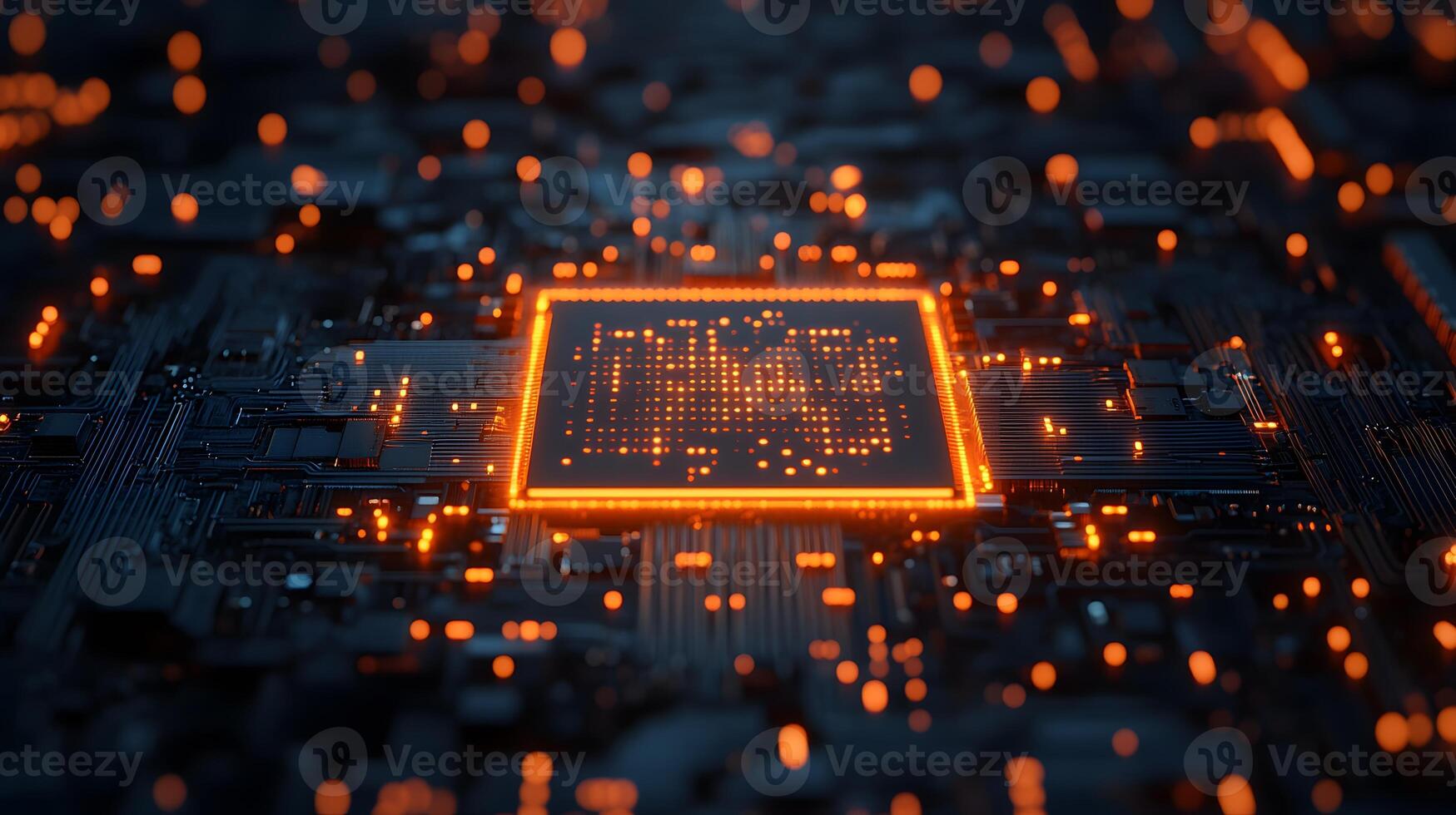 Macro shot of computer processor with glowing blue circuit paths and orange neon cloud icon, representing digital technology and binary data flow in moody lighting. circuit photo
