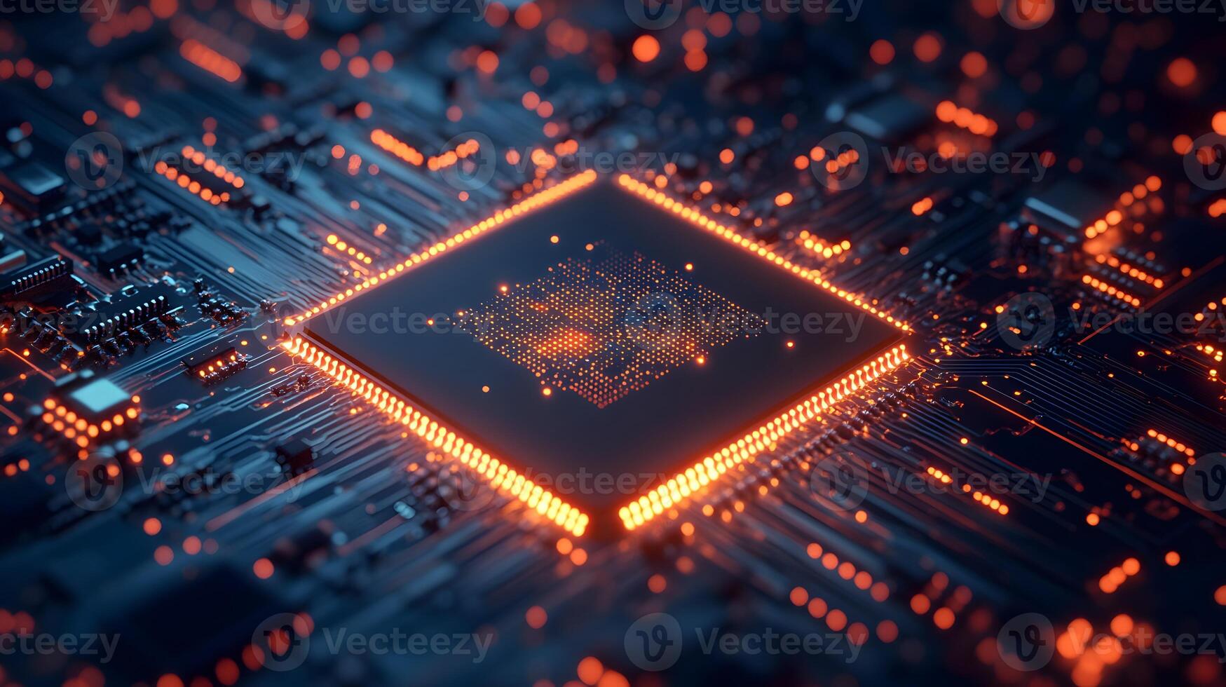 Macro shot of computer processor with glowing blue circuit paths and orange neon cloud icon, representing digital technology and binary data flow in moody lighting. cloud photo