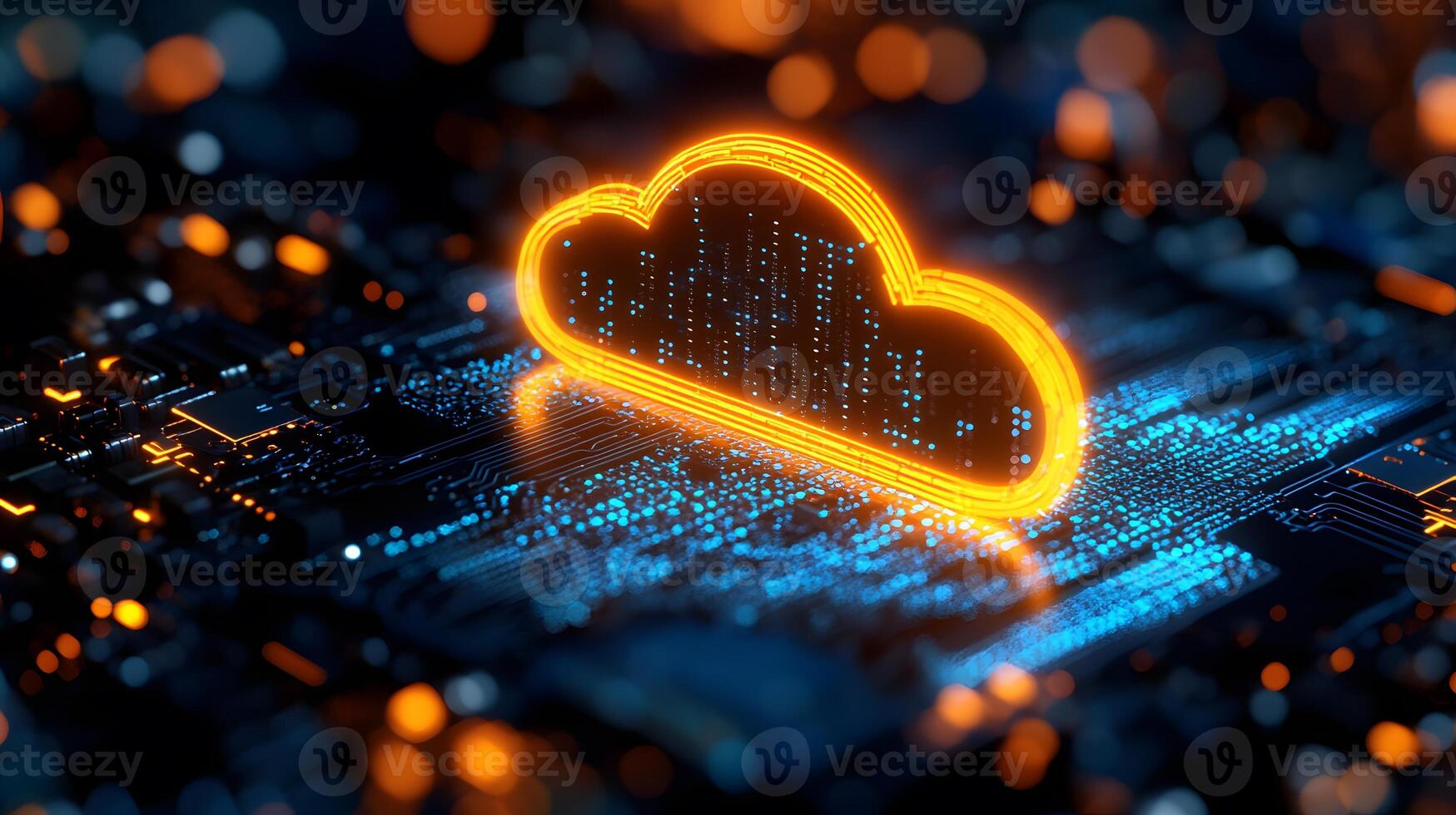 Macro shot of computer processor with glowing blue circuit paths and orange neon cloud icon, representing digital technology and binary data flow in moody lighting. blue photo