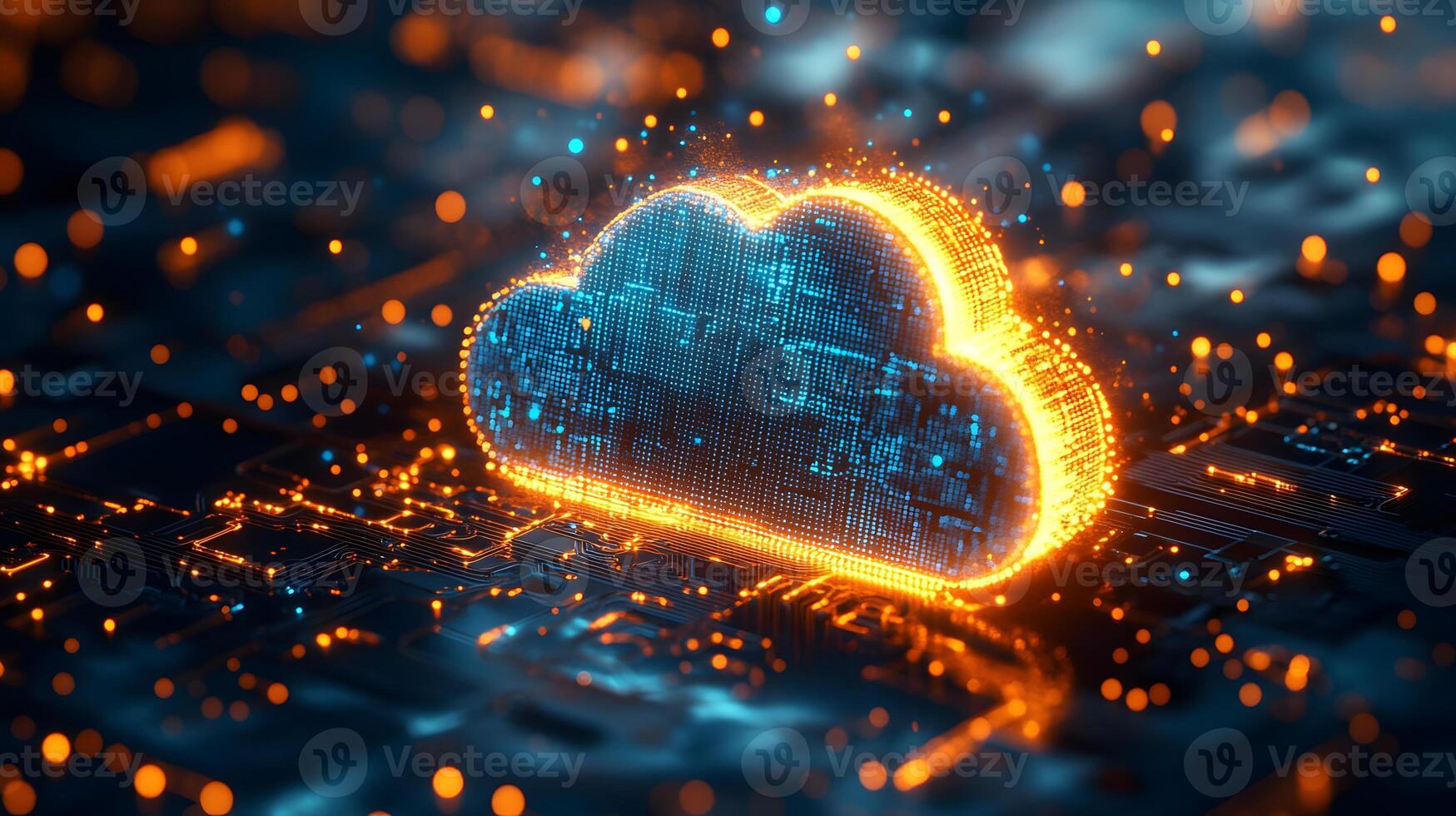 Macro shot of computer processor with glowing blue circuit paths and orange neon cloud icon, representing digital technology and binary data flow in moody lighting. neon photo