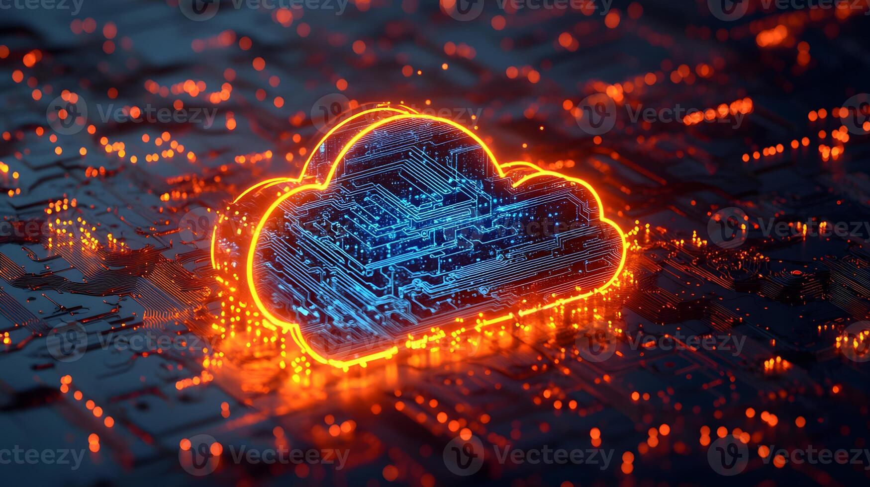 Macro shot of computer processor with glowing blue circuit paths and orange neon cloud icon, representing digital technology and binary data flow in moody lighting. icon photo