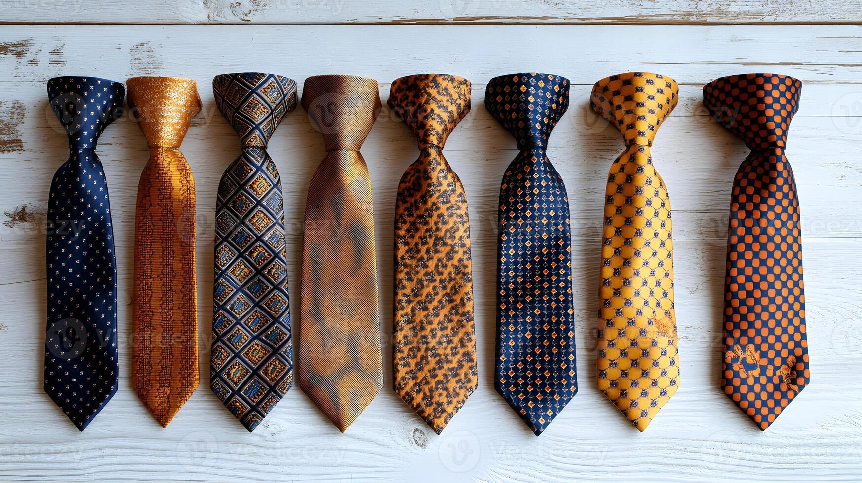 Luxury silk ties featuring geometric and floral patterns in navy blue, yellow, and orange, arranged parallel on white wooden surface with detailed fabric textures. sophisticated photo