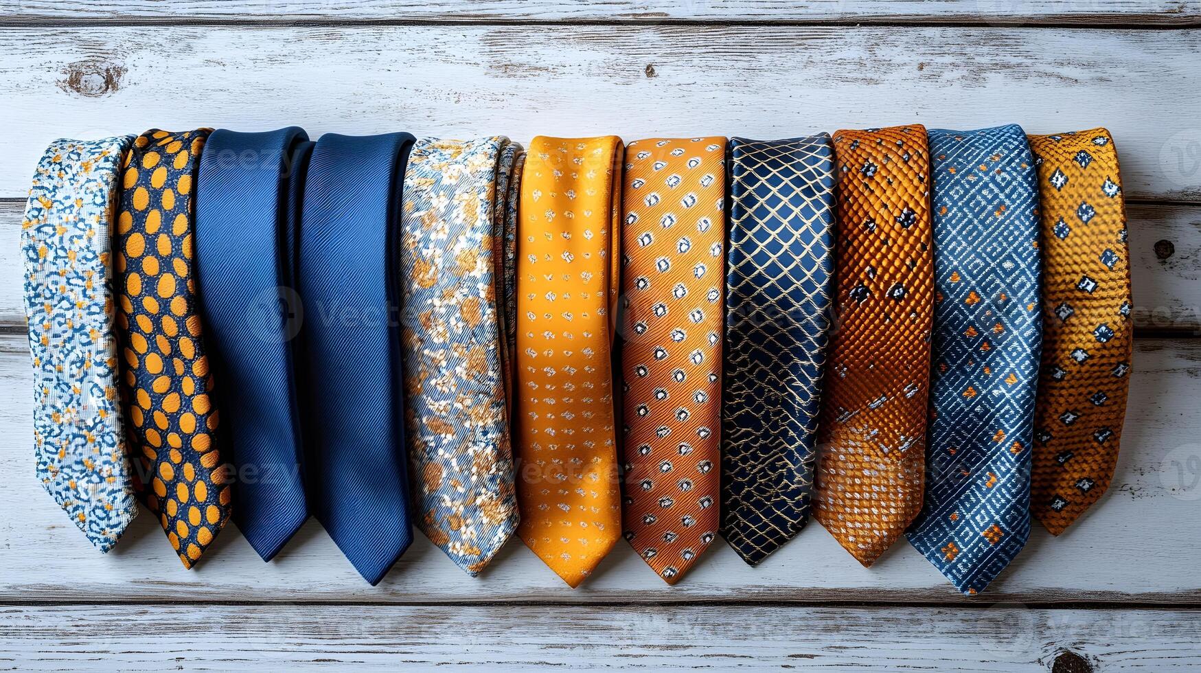 Luxury silk ties featuring geometric and floral patterns in navy blue, yellow, and orange, arranged parallel on white wooden surface with detailed fabric textures. formal photo