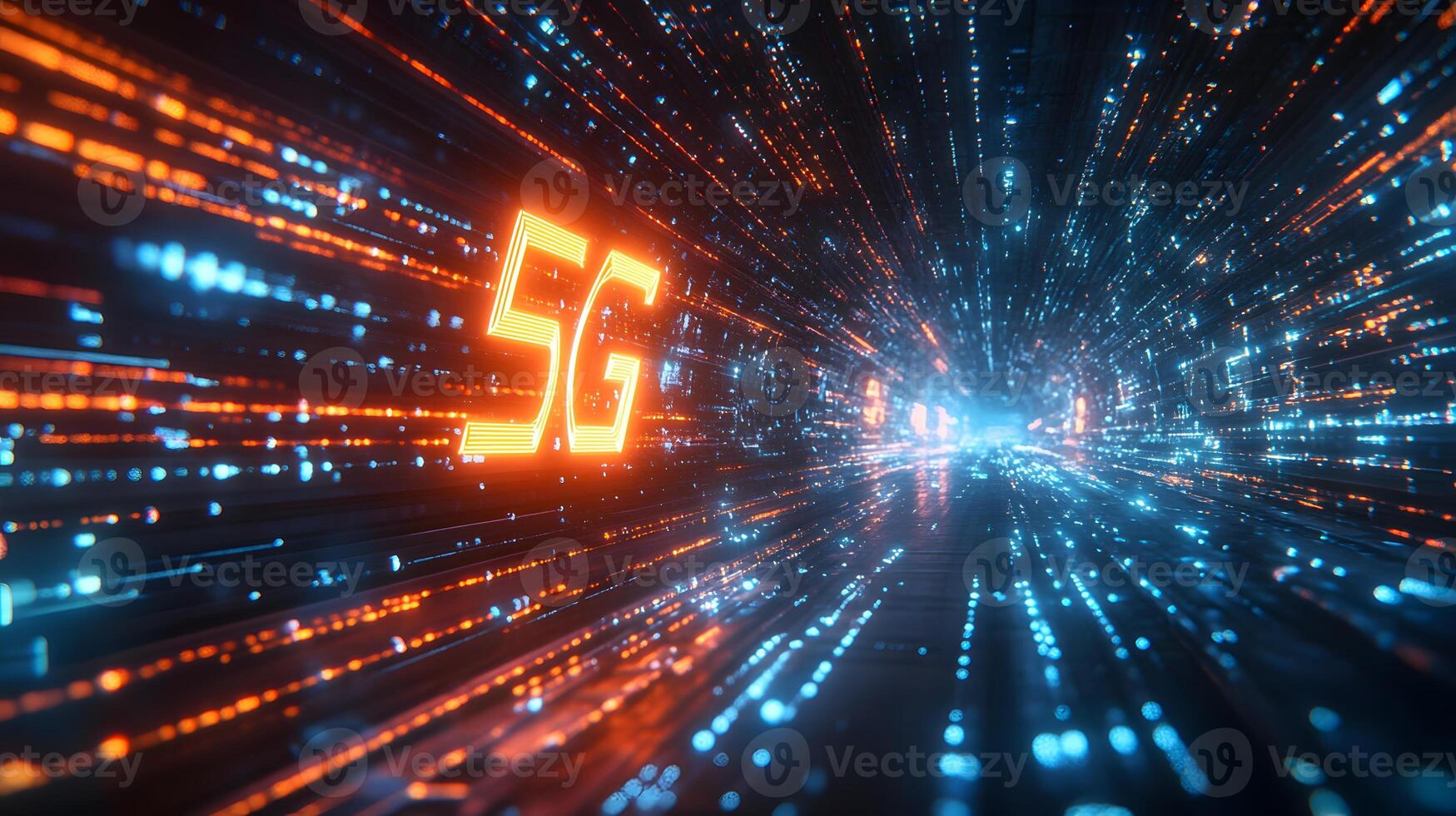 Futuristic neon 5G text floating in cyberspace with blue and orange light trails, depicting high-speed data streams and network connectivity in dark setting. connection photo