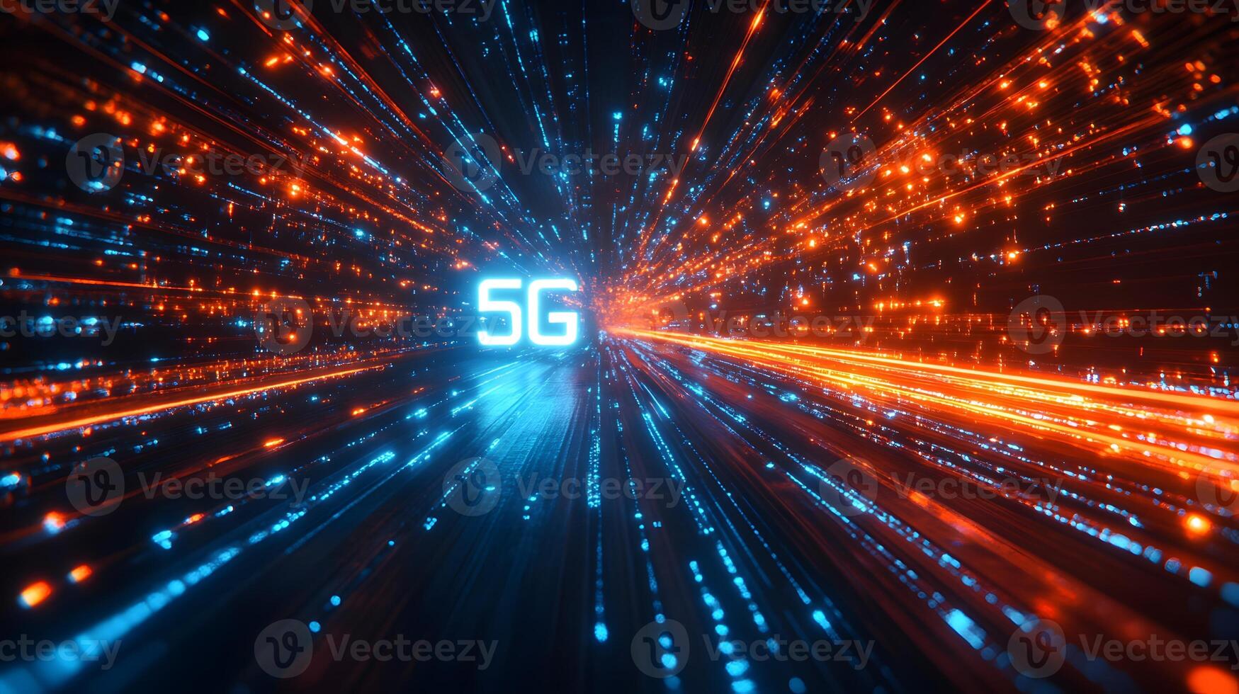 Futuristic neon 5G text floating in cyberspace with blue and orange light trails, depicting high-speed data streams and network connectivity in dark setting. internet photo