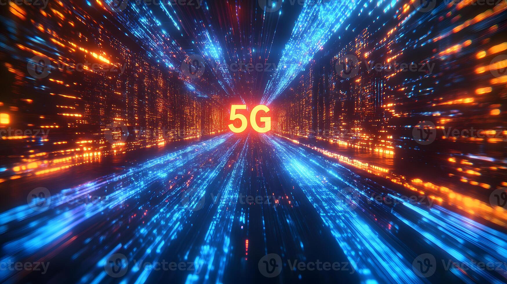 Futuristic neon 5G text floating in cyberspace with blue and orange light trails, depicting high-speed data streams and network connectivity in dark setting. transmission photo