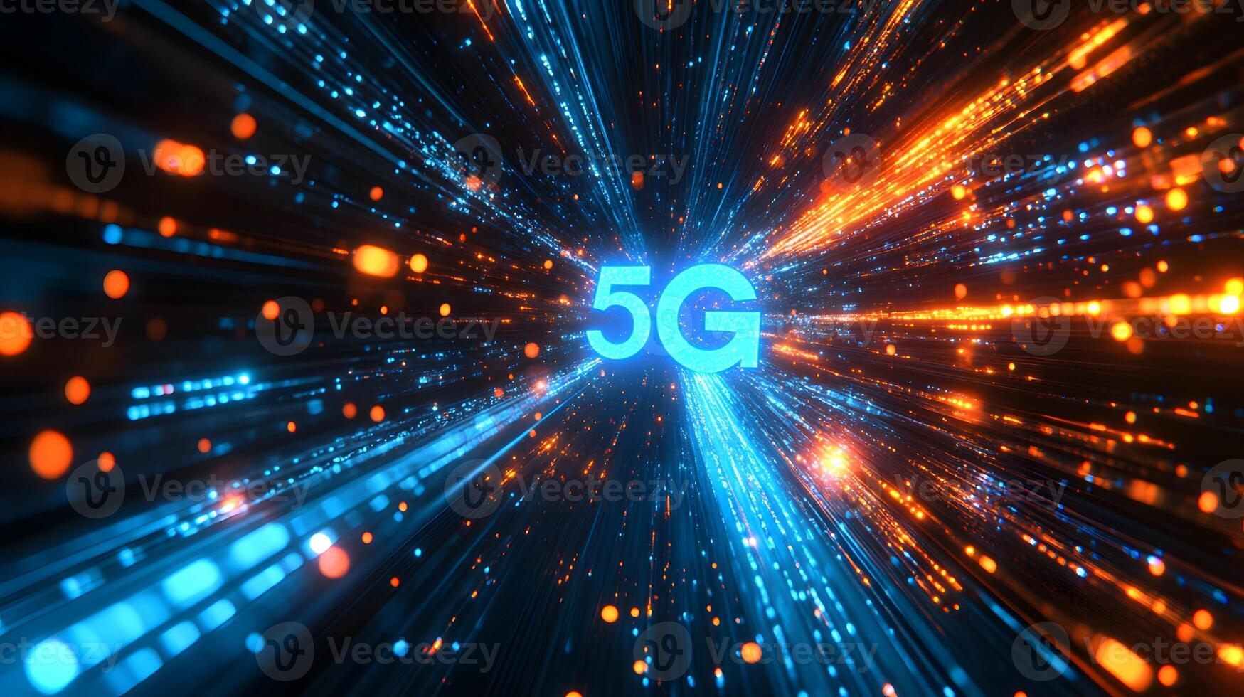 Futuristic neon 5G text floating in cyberspace with blue and orange light trails, depicting high-speed data streams and network connectivity in dark setting. text photo