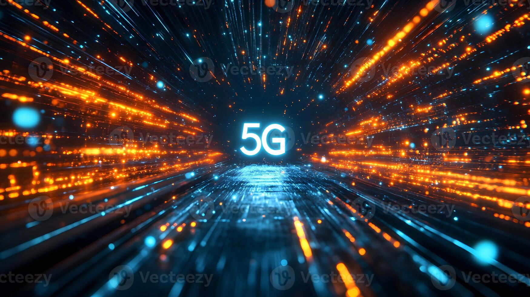 Futuristic neon 5G text floating in cyberspace with blue and orange light trails, depicting high-speed data streams and network connectivity in dark setting. light photo