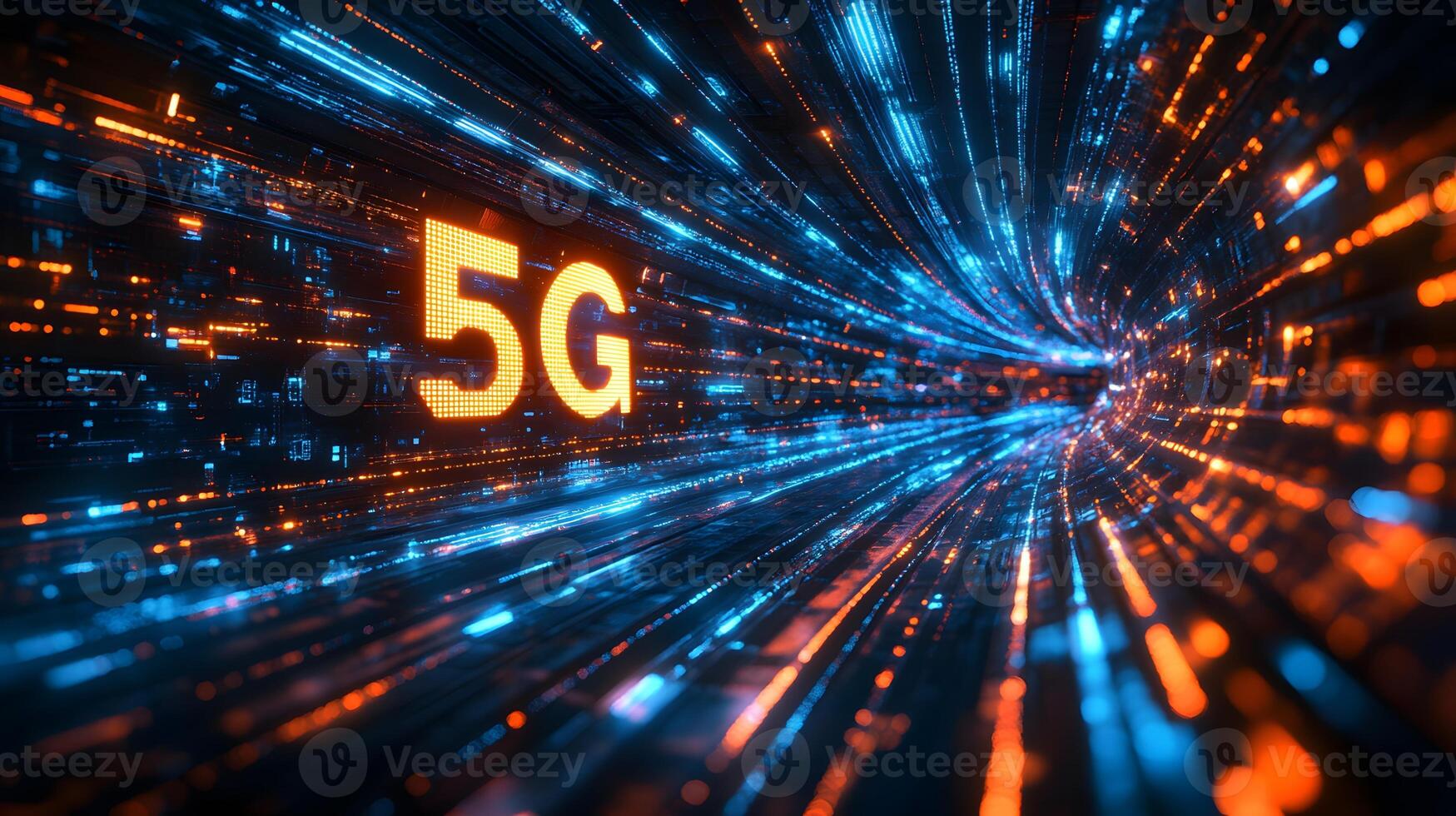 Futuristic neon 5G text floating in cyberspace with blue and orange light trails, depicting high-speed data streams and network connectivity in dark setting. streams photo