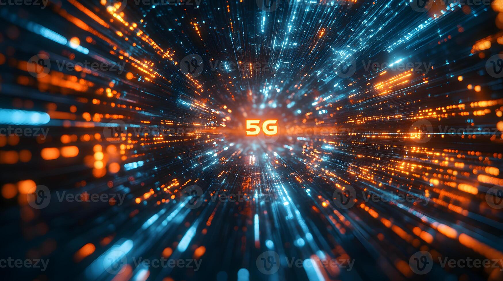 Futuristic neon 5G text floating in cyberspace with blue and orange light trails, depicting high-speed data streams and network connectivity in dark setting. network photo