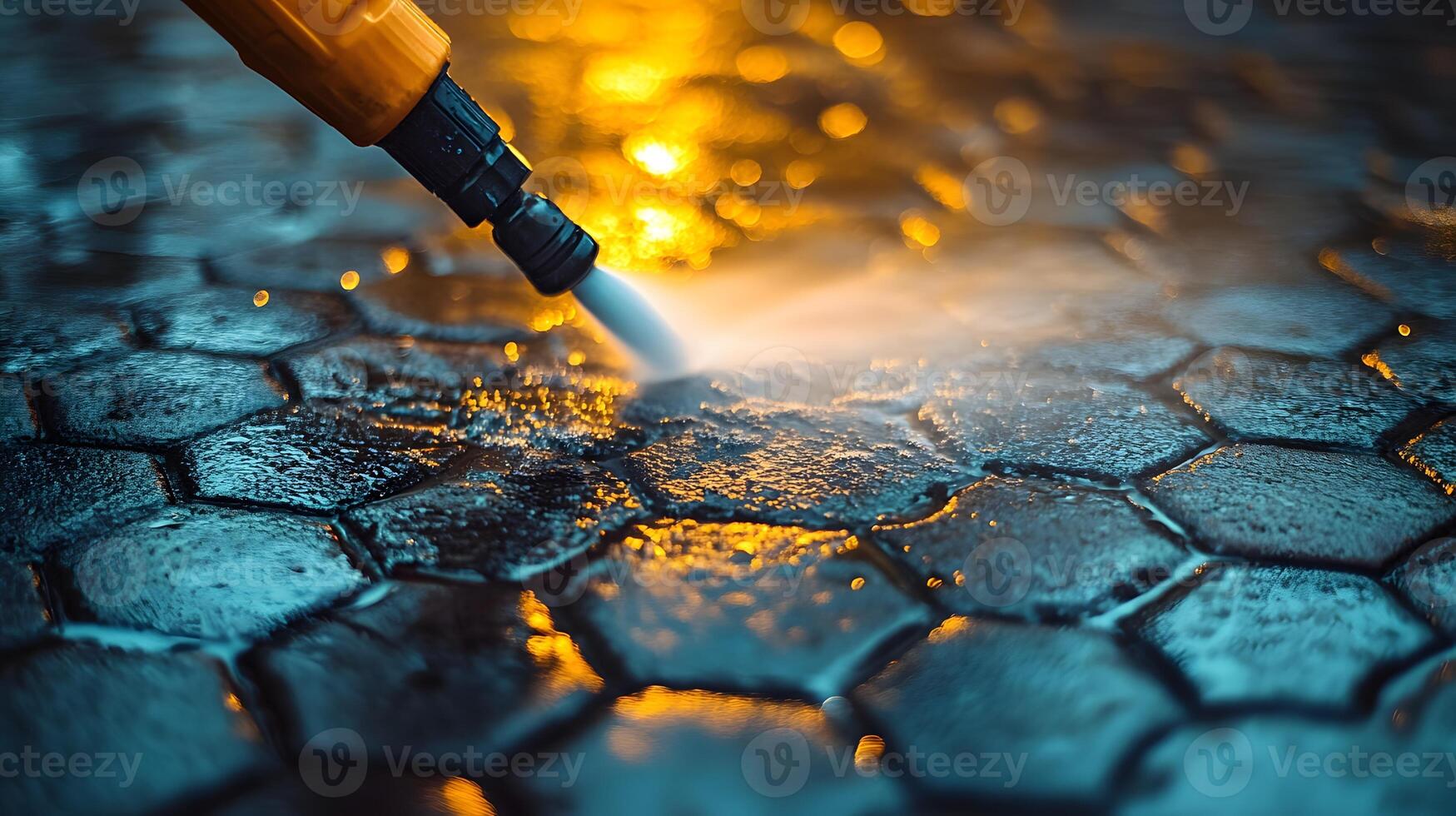Industrial cleaning scene showing orange pressure washer nozzle spraying water on brick pavement, capturing detailed wet texture and cleaning process close-up. professional photo