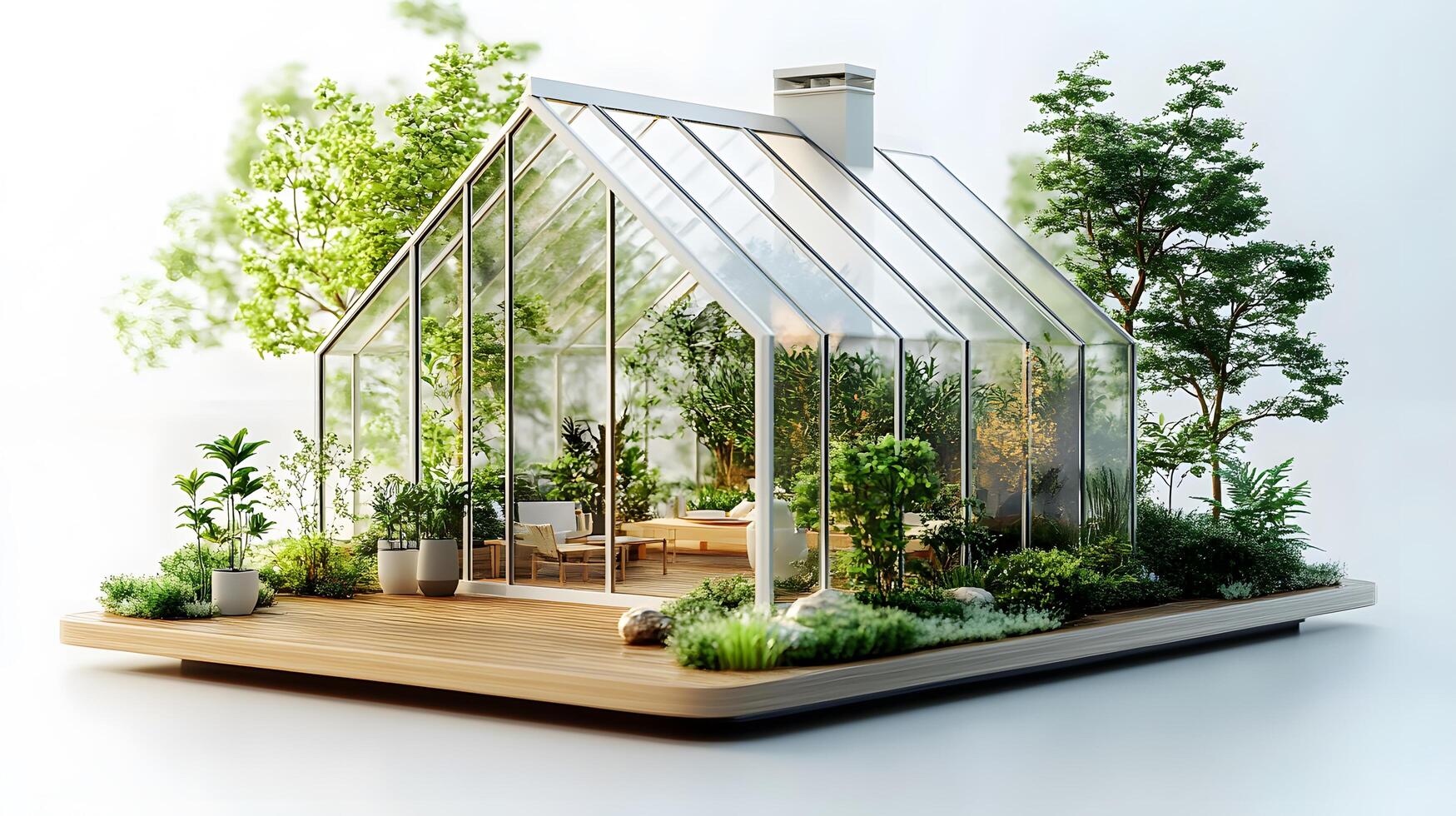 Three dimensional modern sunroom design featuring glass greenhouse structure, tiny plants, wooden deck, and minimalist garden layout in white color scheme photo