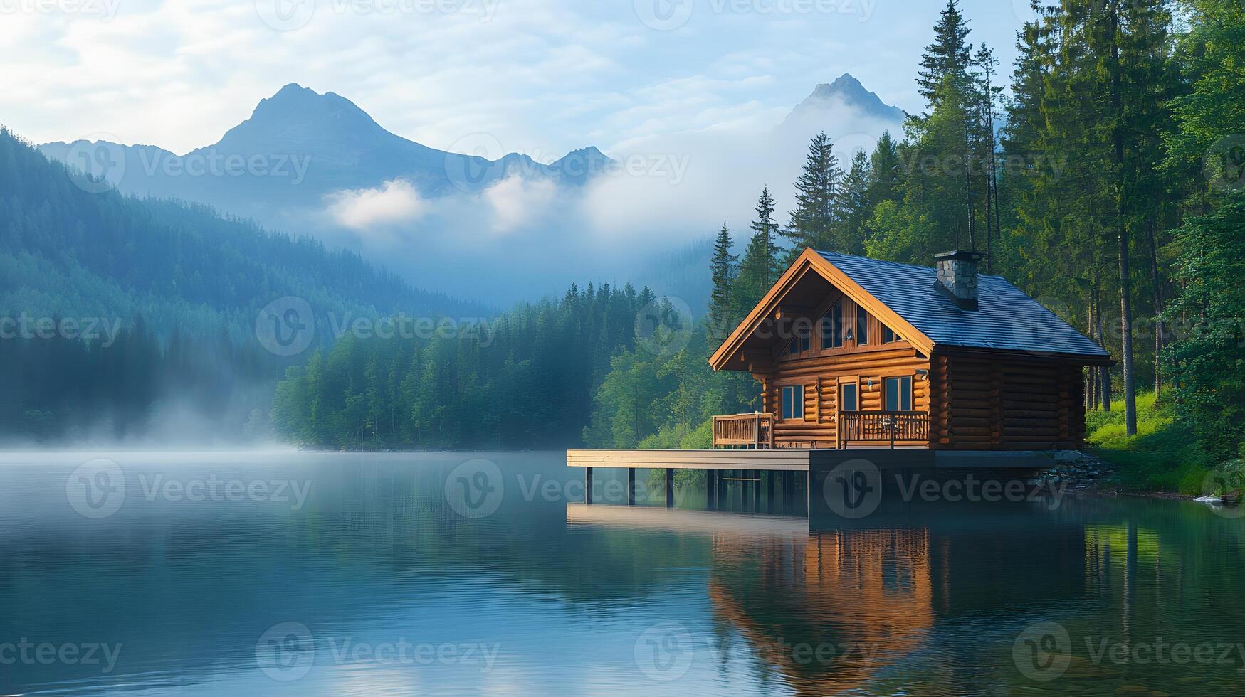 Panoramic view of luxurious wooden cabin with deck overlooking lake, surrounded by evergreen forest and misty mountains in serene morning atmosphere. dwelling photo