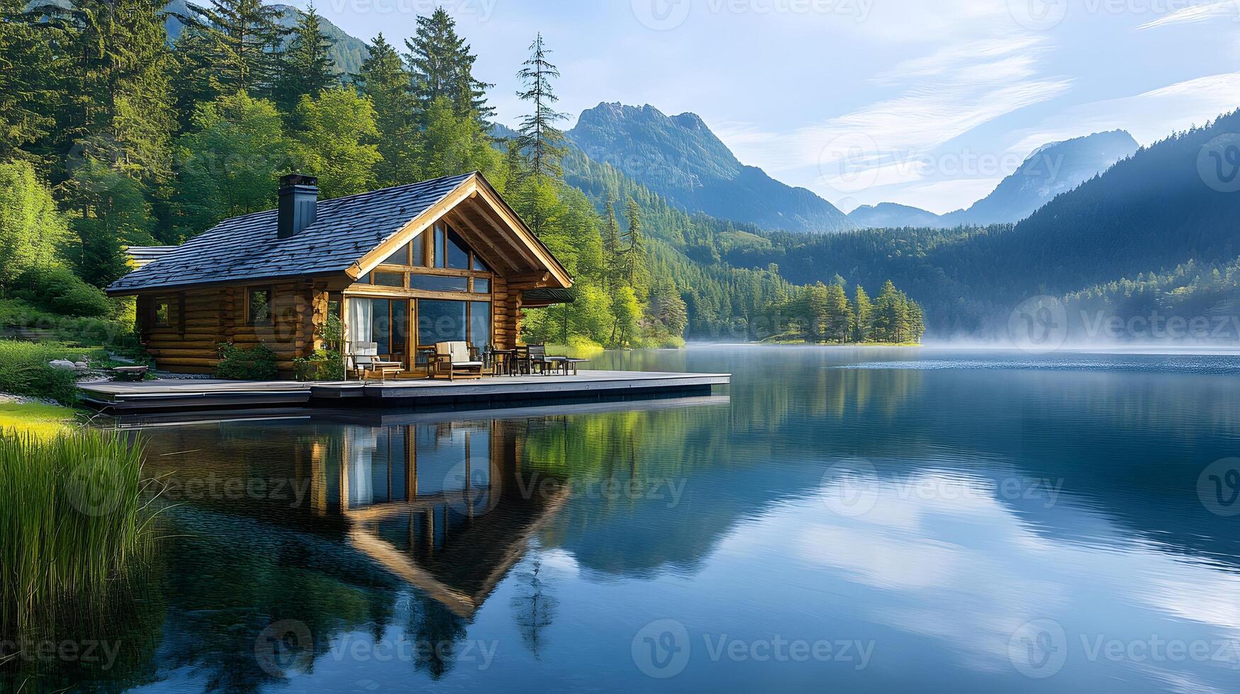 Panoramic view of luxurious wooden cabin with deck overlooking lake, surrounded by evergreen forest and misty mountains in serene morning atmosphere. wooden photo