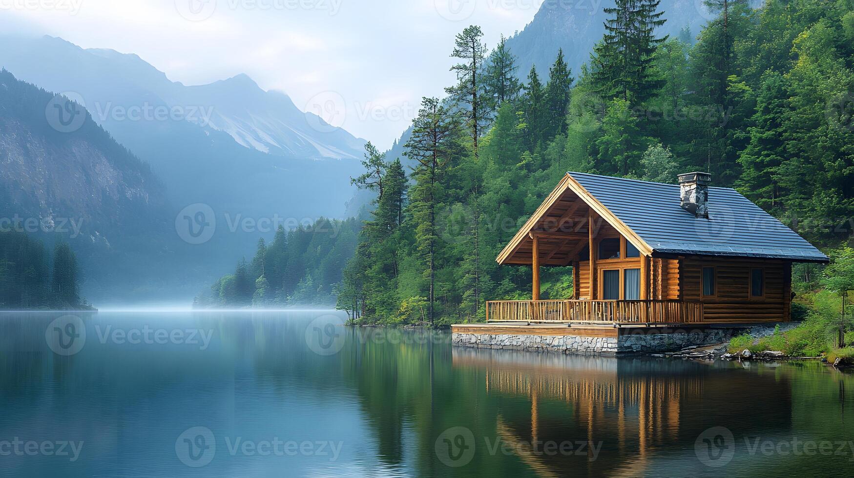 Panoramic view of luxurious wooden cabin with deck overlooking lake, surrounded by evergreen forest and misty mountains in serene morning atmosphere. serene photo