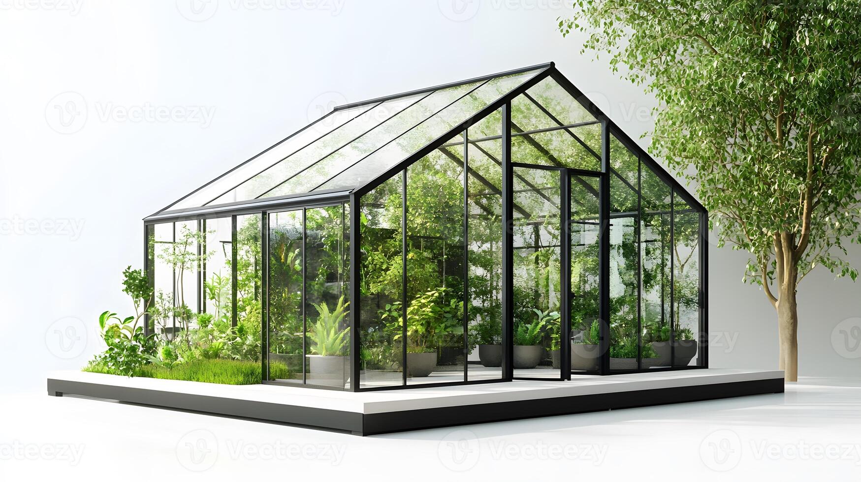 Architectural model of modern glass greenhouse with indoor plants, featuring transparent panels, black frame structure, and white base in isometric style. black photo