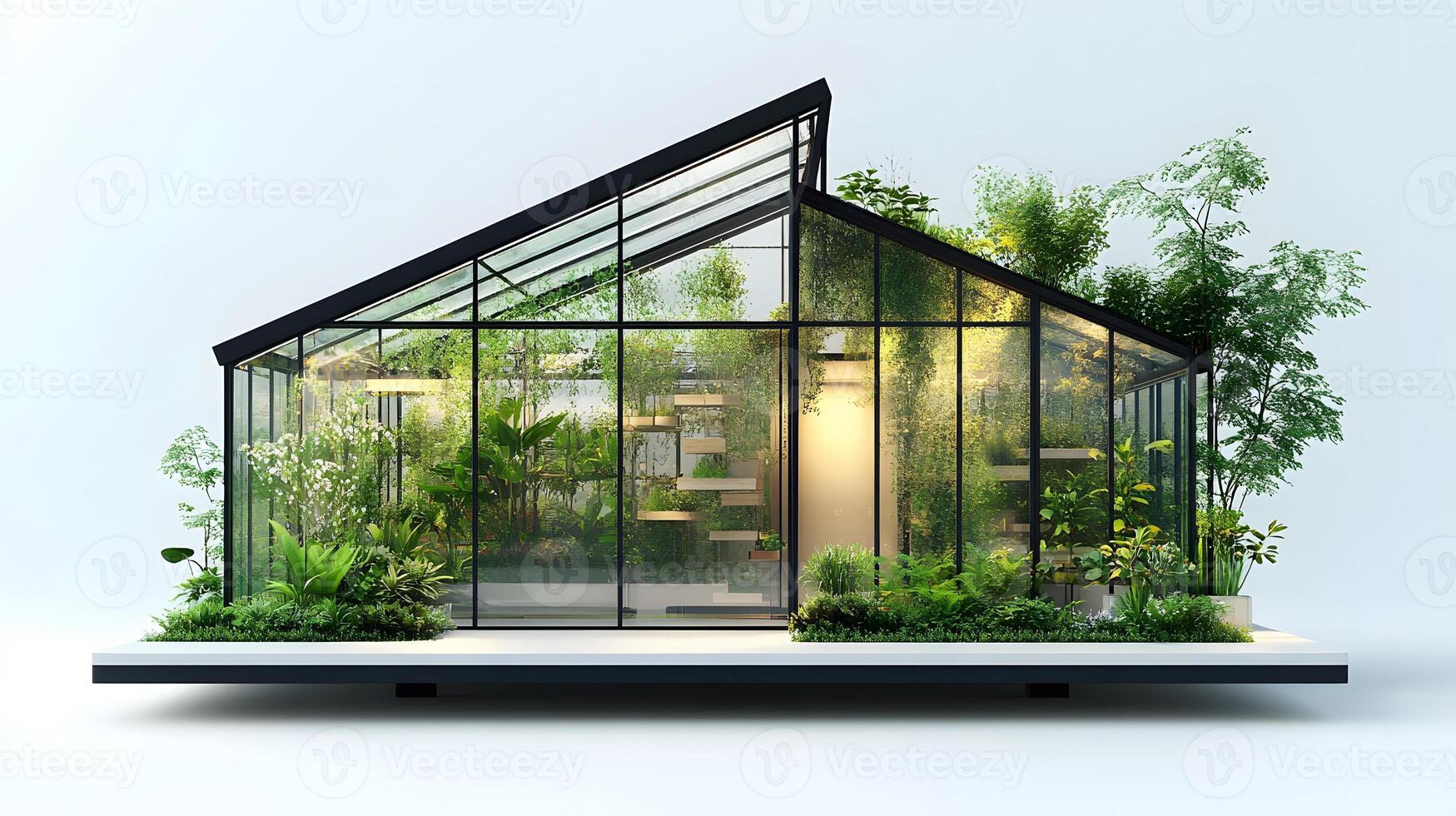 Architectural model of modern glass greenhouse with indoor plants, featuring transparent panels, black frame structure, and white base in isometric style. frame photo