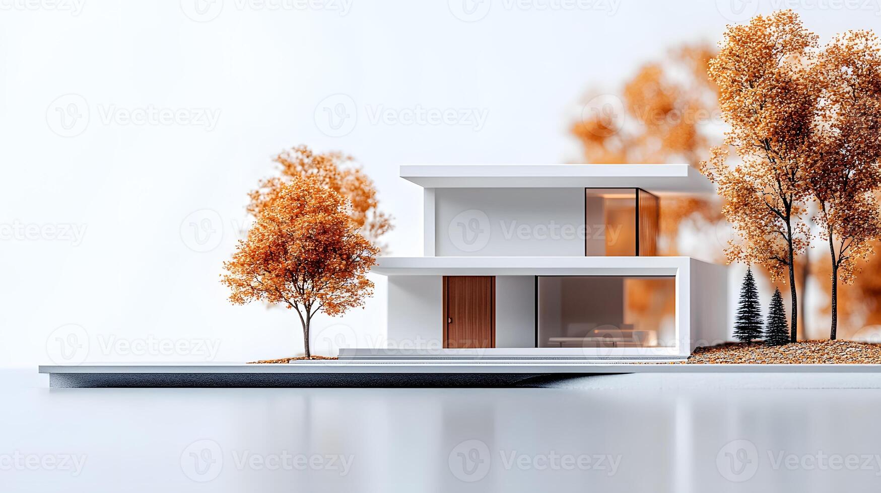 Miniature modern house with white exterior and wooden door, surrounded by autumn trees with orange leaves and evergreen pines in isometric diorama style. residential photo