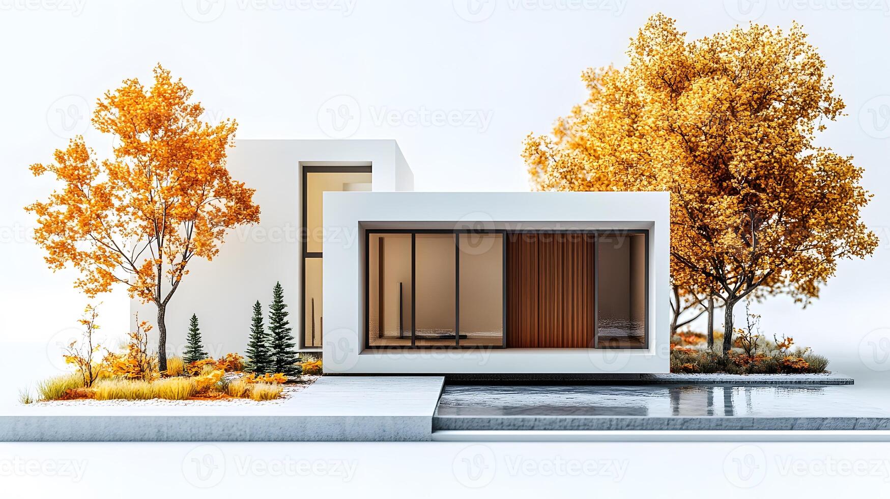 Miniature modern house with white exterior and wooden door, surrounded by autumn trees with orange leaves and evergreen pines in isometric diorama style. model photo