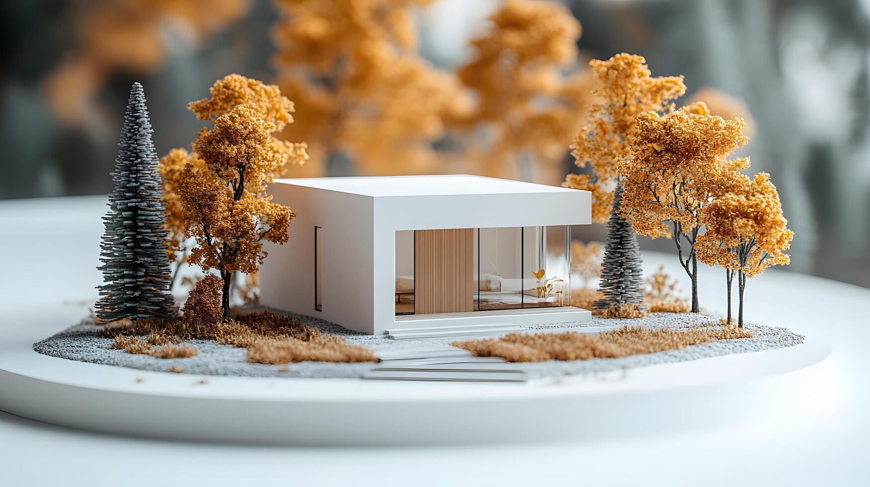 Miniature modern house with white exterior and wooden door, surrounded by autumn trees with orange leaves and evergreen pines in isometric diorama style. modern photo