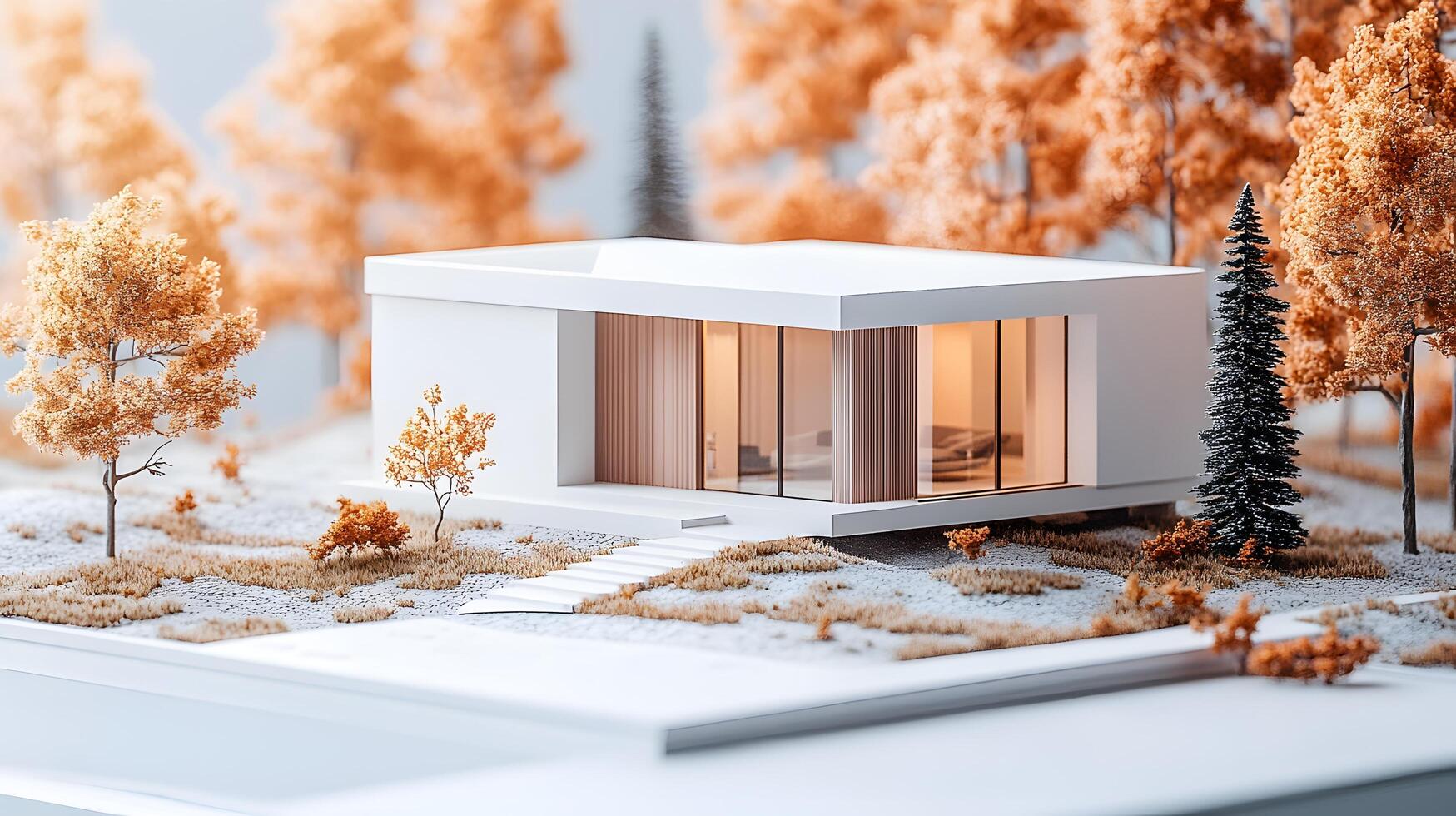 Miniature modern house with white exterior and wooden door, surrounded by autumn trees with orange leaves and evergreen pines in isometric diorama style. trees photo