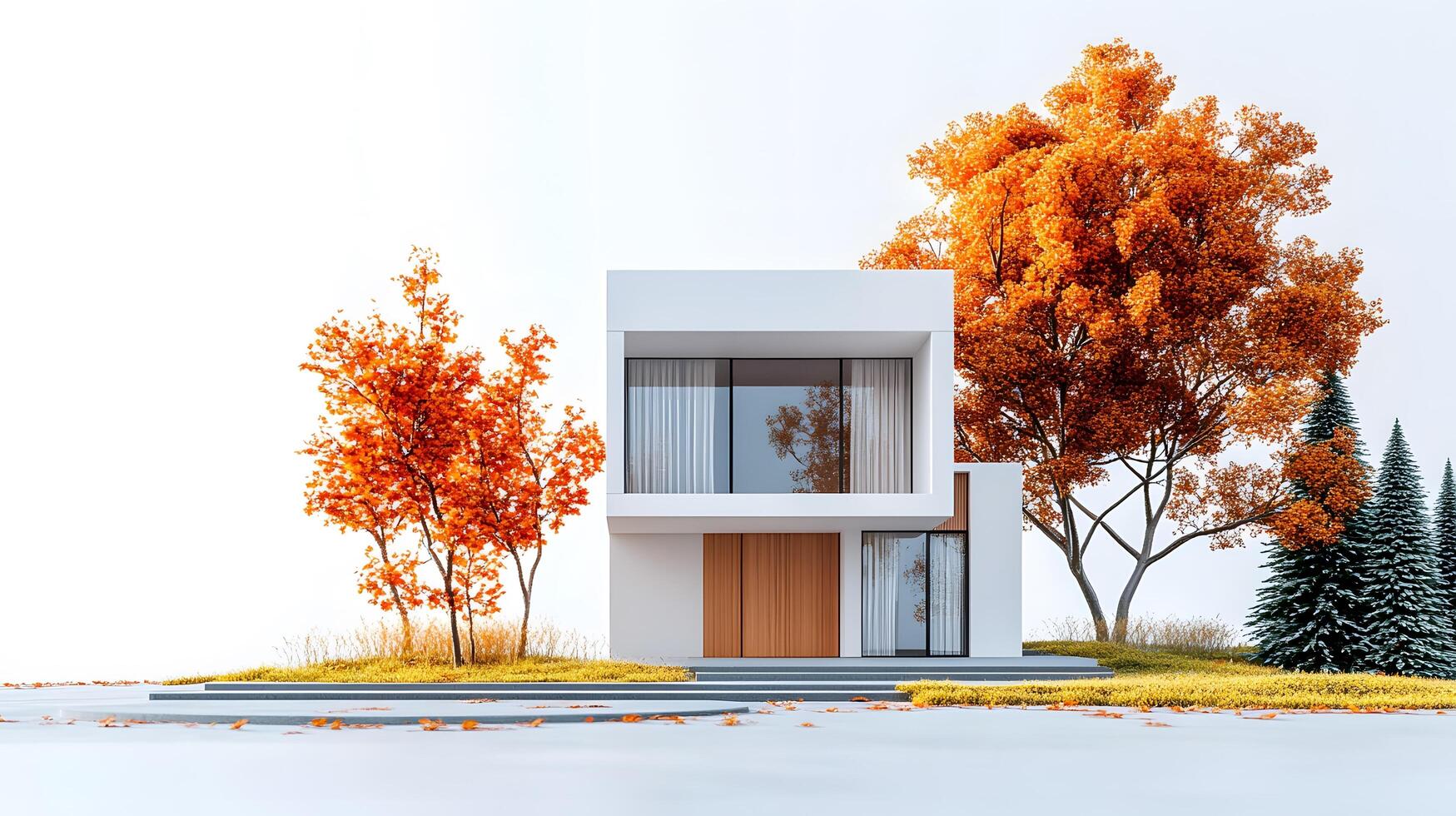 Miniature modern house with white exterior and wooden door, surrounded by autumn trees with orange leaves and evergreen pines in isometric diorama style. wooden photo