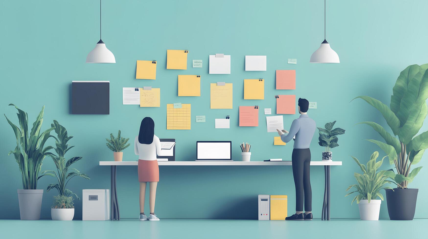 Flat design illustration of office workers managing projects, featuring sticky notes, desk, laptop, pendant lamp, and plants in pastel color workspace. flat photo