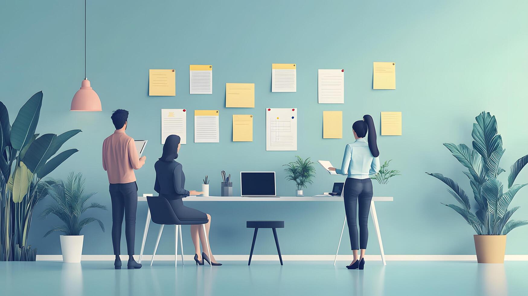 Flat design illustration of office workers managing projects, featuring sticky notes, desk, laptop, pendant lamp, and plants in pastel color workspace. business photo
