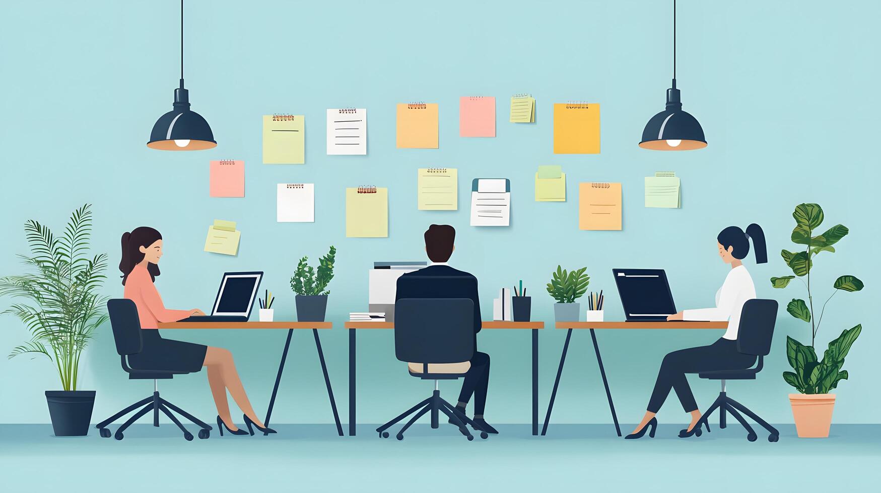 Flat design illustration of office workers managing projects, featuring sticky notes, desk, laptop, pendant lamp, and plants in pastel color workspace. corporate photo