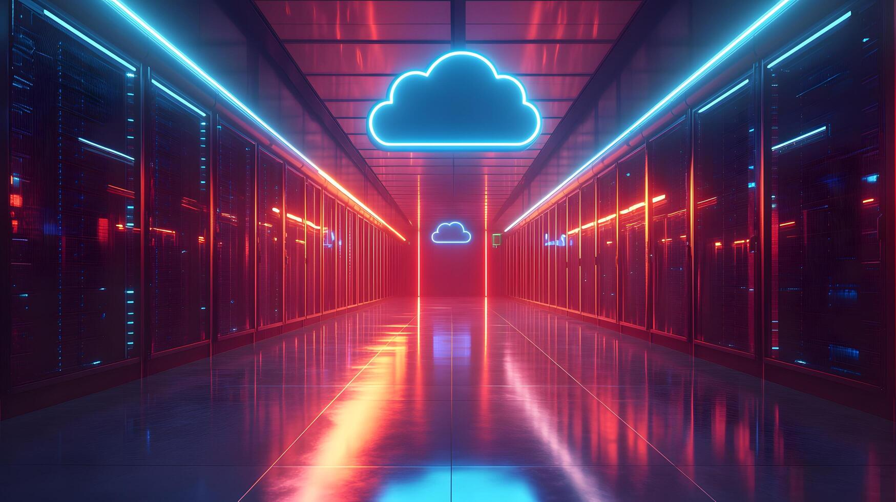 Futuristic data center corridor featuring neon cloud icon, server racks, blue LED lighting, and symmetrical perspective with glossy floor reflections. hardware photo