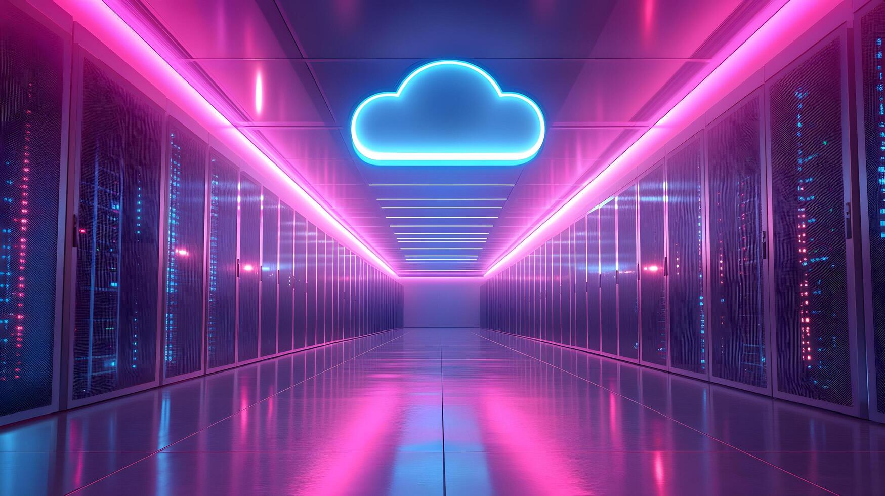 Futuristic data center corridor featuring neon cloud icon, server racks, blue LED lighting, and symmetrical perspective with glossy floor reflections. equipment photo
