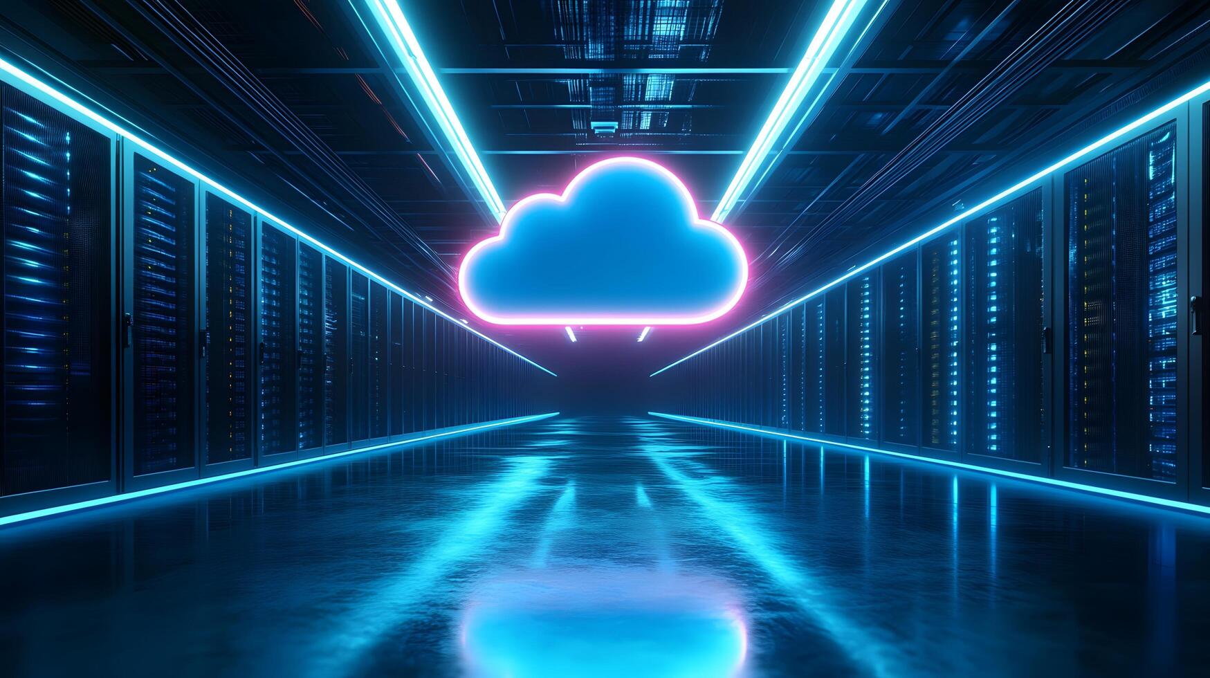 Futuristic data center corridor featuring neon cloud icon, server racks, blue LED lighting, and symmetrical perspective with glossy floor reflections. data photo