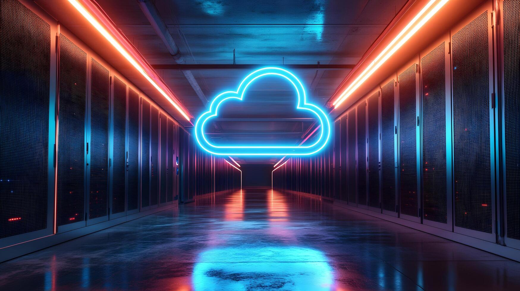 Futuristic data center corridor featuring neon cloud icon, server racks, blue LED lighting, and symmetrical perspective with glossy floor reflections. center photo