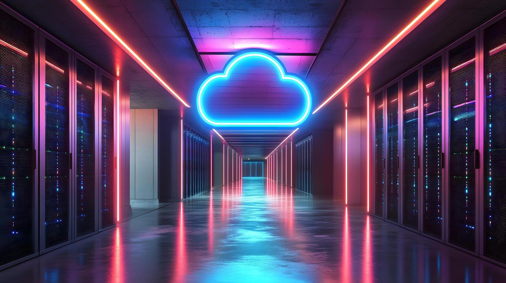 Futuristic data center corridor featuring neon cloud icon, server racks, blue LED lighting, and symmetrical perspective with glossy floor reflections. cloud photo