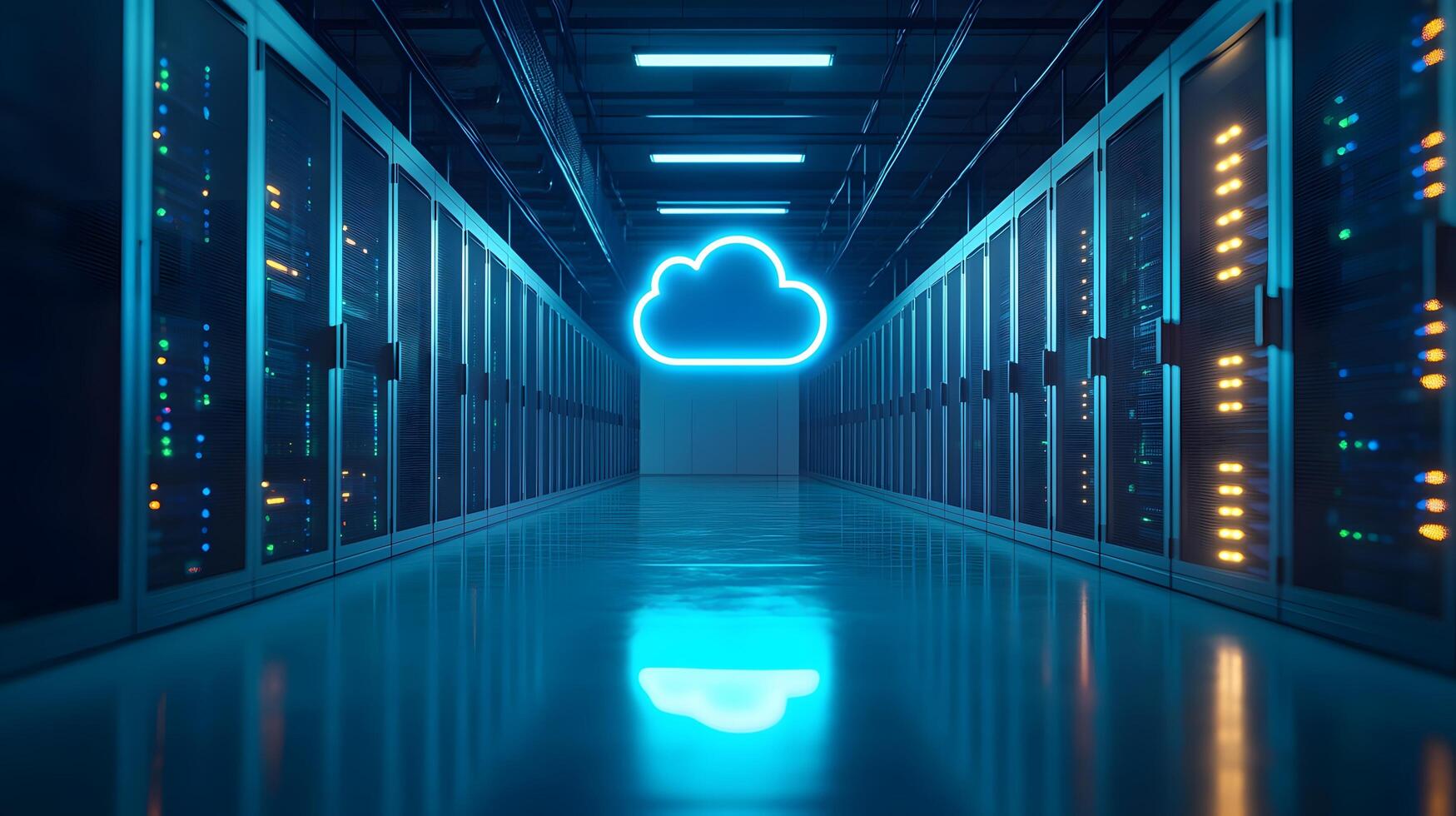 Futuristic data center corridor featuring neon cloud icon, server racks, blue LED lighting, and symmetrical perspective with glossy floor reflections. racks photo