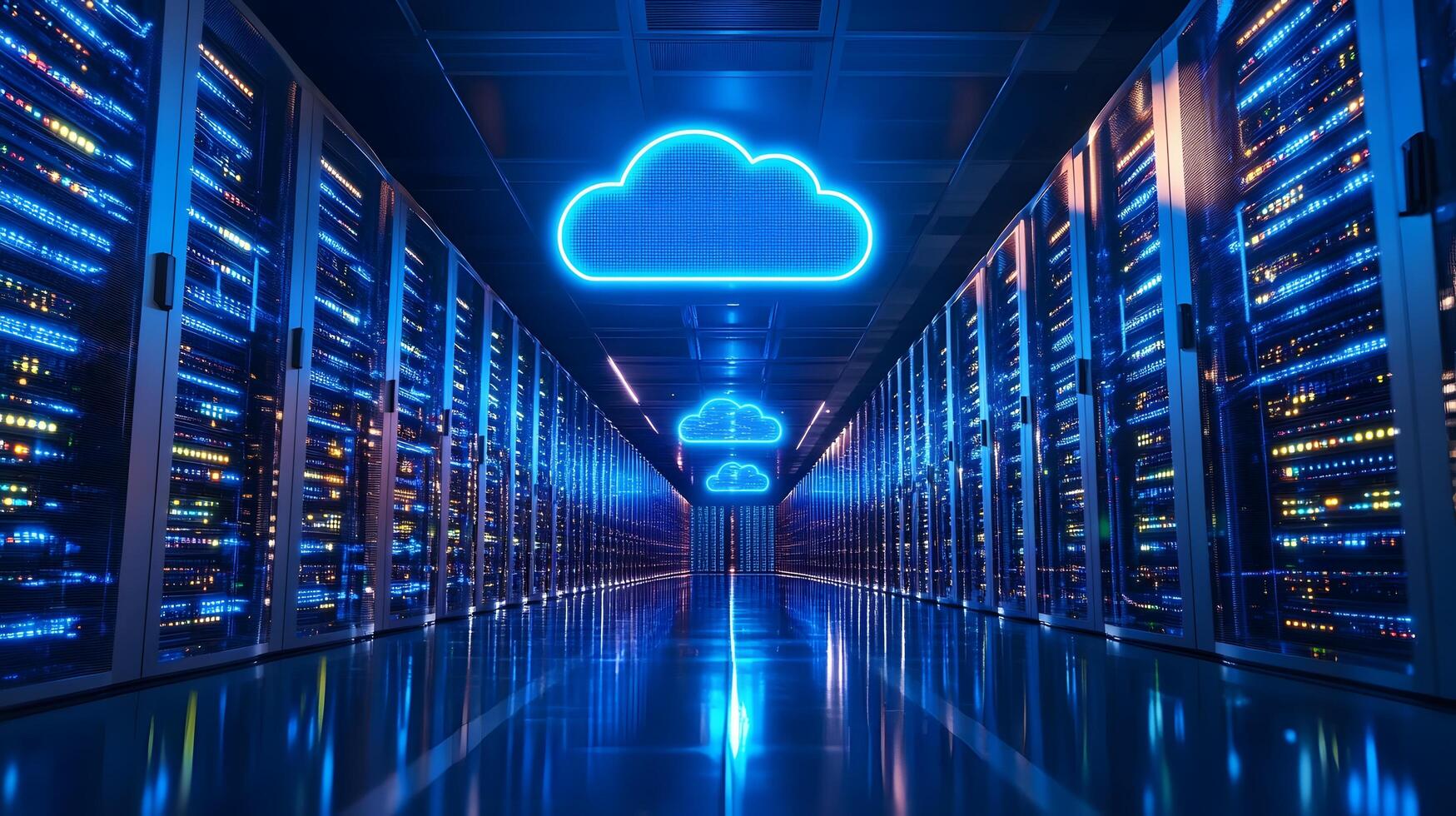 Futuristic data center corridor featuring neon cloud icon, server racks, blue LED lighting, and symmetrical perspective with glossy floor reflections. icon photo