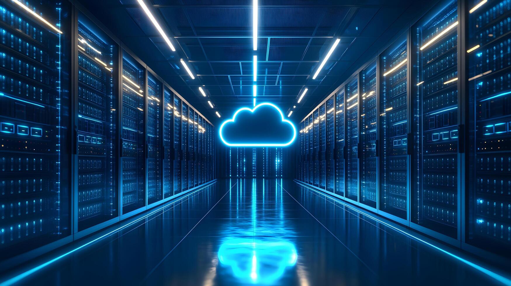 Futuristic data center corridor featuring neon cloud icon, server racks, blue LED lighting, and symmetrical perspective with glossy floor reflections. glossy photo