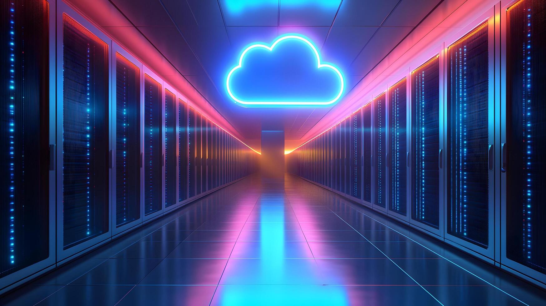 Futuristic data center corridor featuring neon cloud icon, server racks, blue LED lighting, and symmetrical perspective with glossy floor reflections. reflections photo