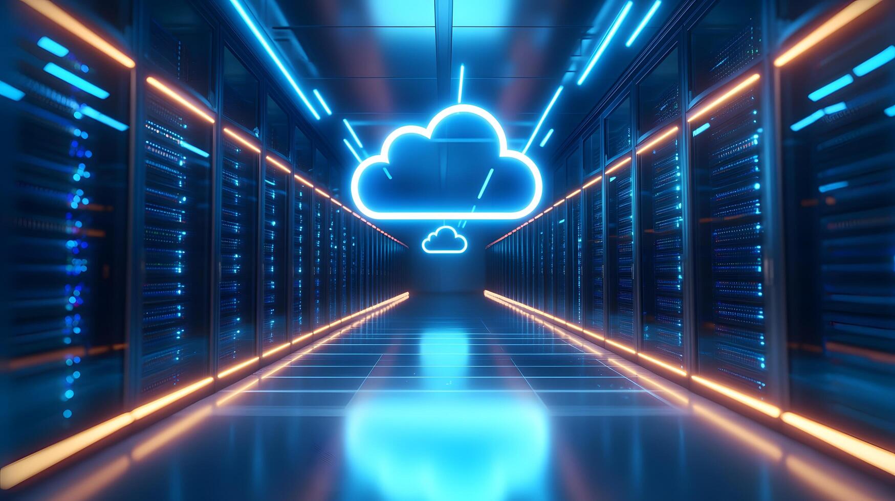 Futuristic data center corridor featuring neon cloud icon, server racks, blue LED lighting, and symmetrical perspective with glossy floor reflections. computing photo