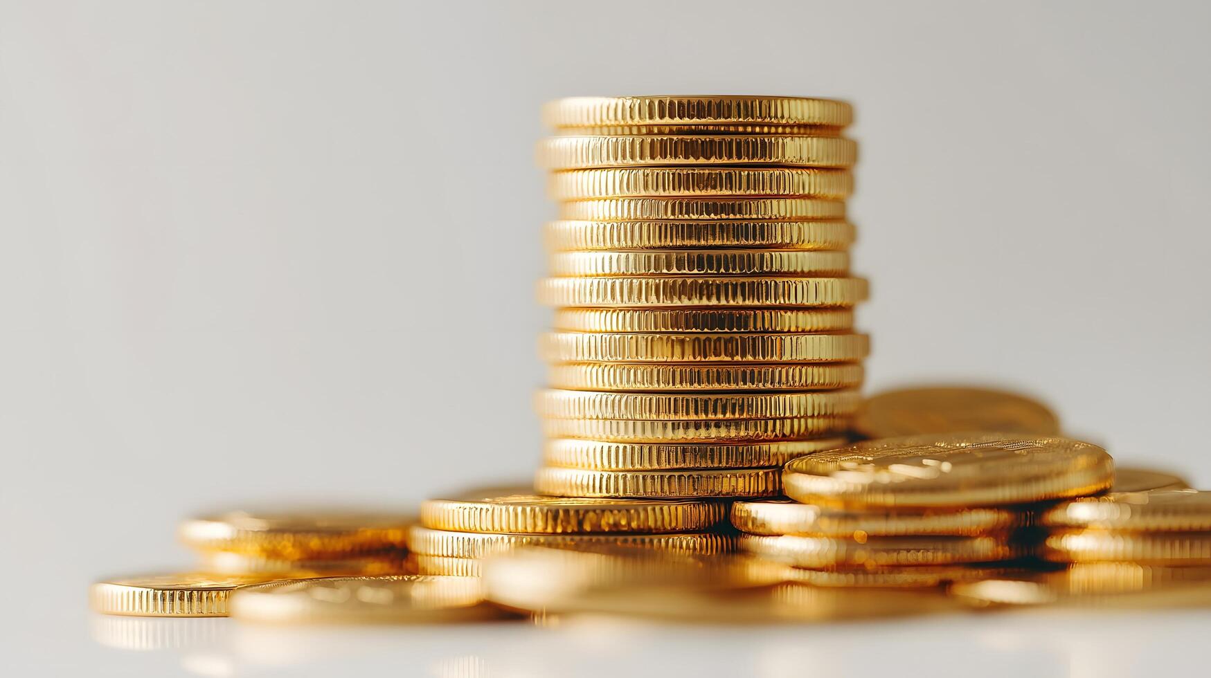 Professional product photography of ascending stacked gold coins showing detailed metallic currency texture and financial wealth concept on white background. precious photo