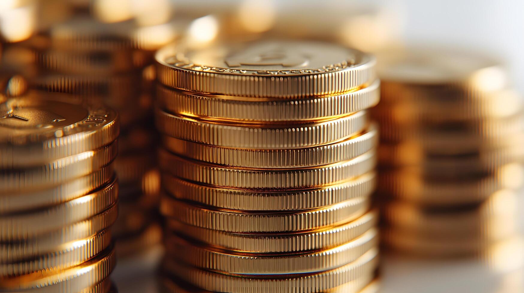 Professional product photography of ascending stacked gold coins showing detailed metallic currency texture and financial wealth concept on white background. luxury photo