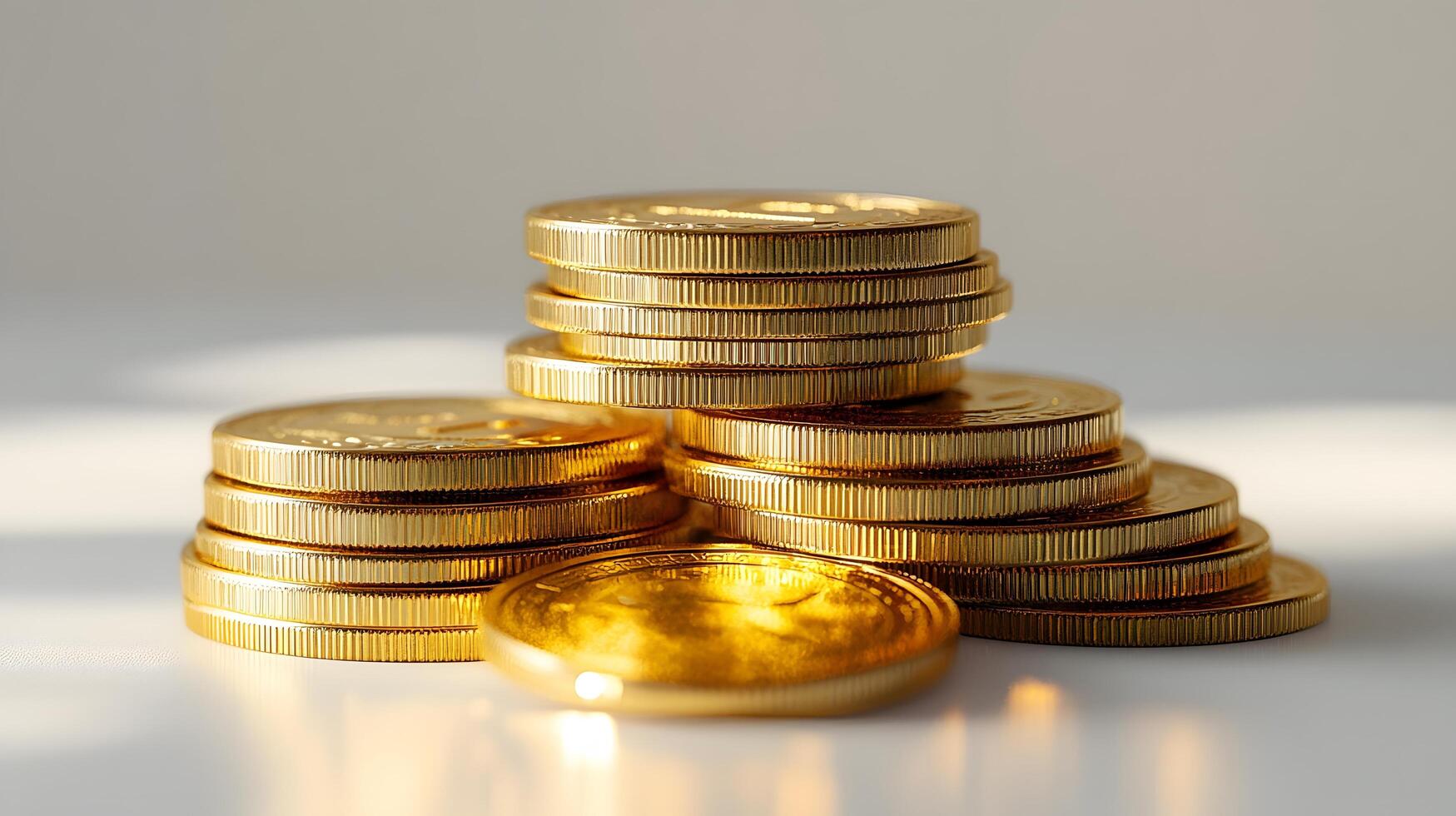 Professional product photography of ascending stacked gold coins showing detailed metallic currency texture and financial wealth concept on white background. riches photo